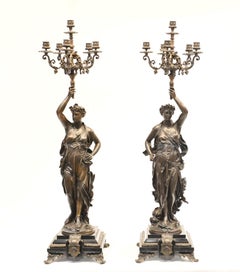 Pair French Bronze Candelabras - Signed Gregoire Torcheres 3 ft