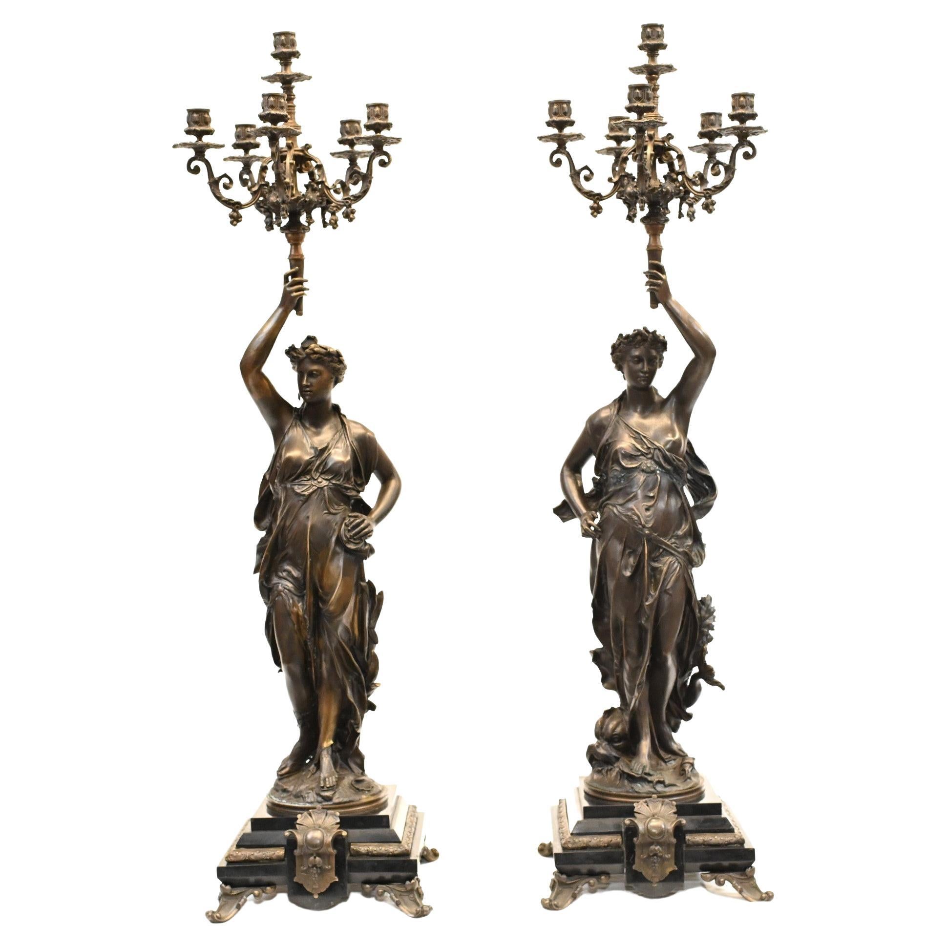 Pair French Bronze Candelabras, Signed Gregoire Torcheres For Sale