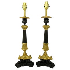 Pair of French Dore Neoclassical Ormolu Table Candlestick Lamps 19th Century