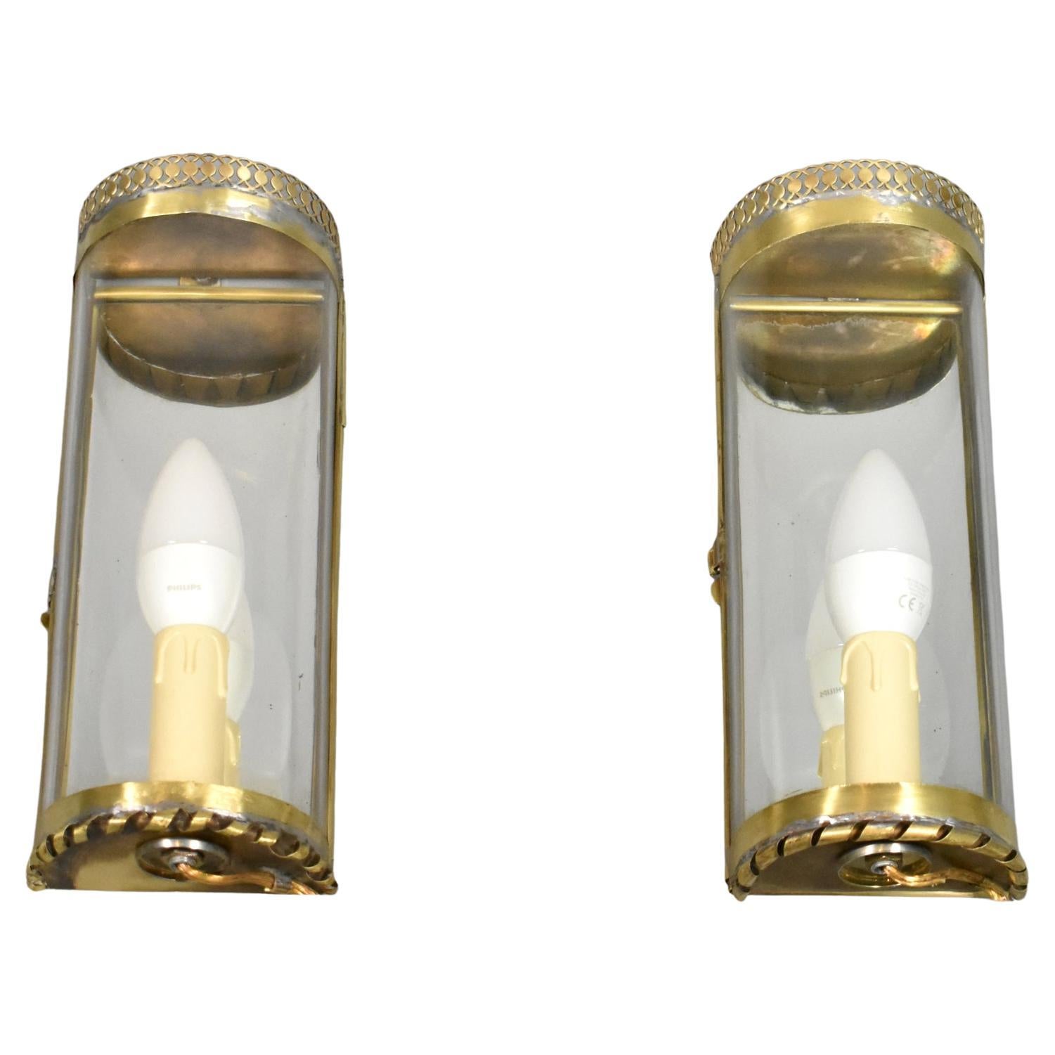 Pair French Bronze Half Round Glass Wall Sconces