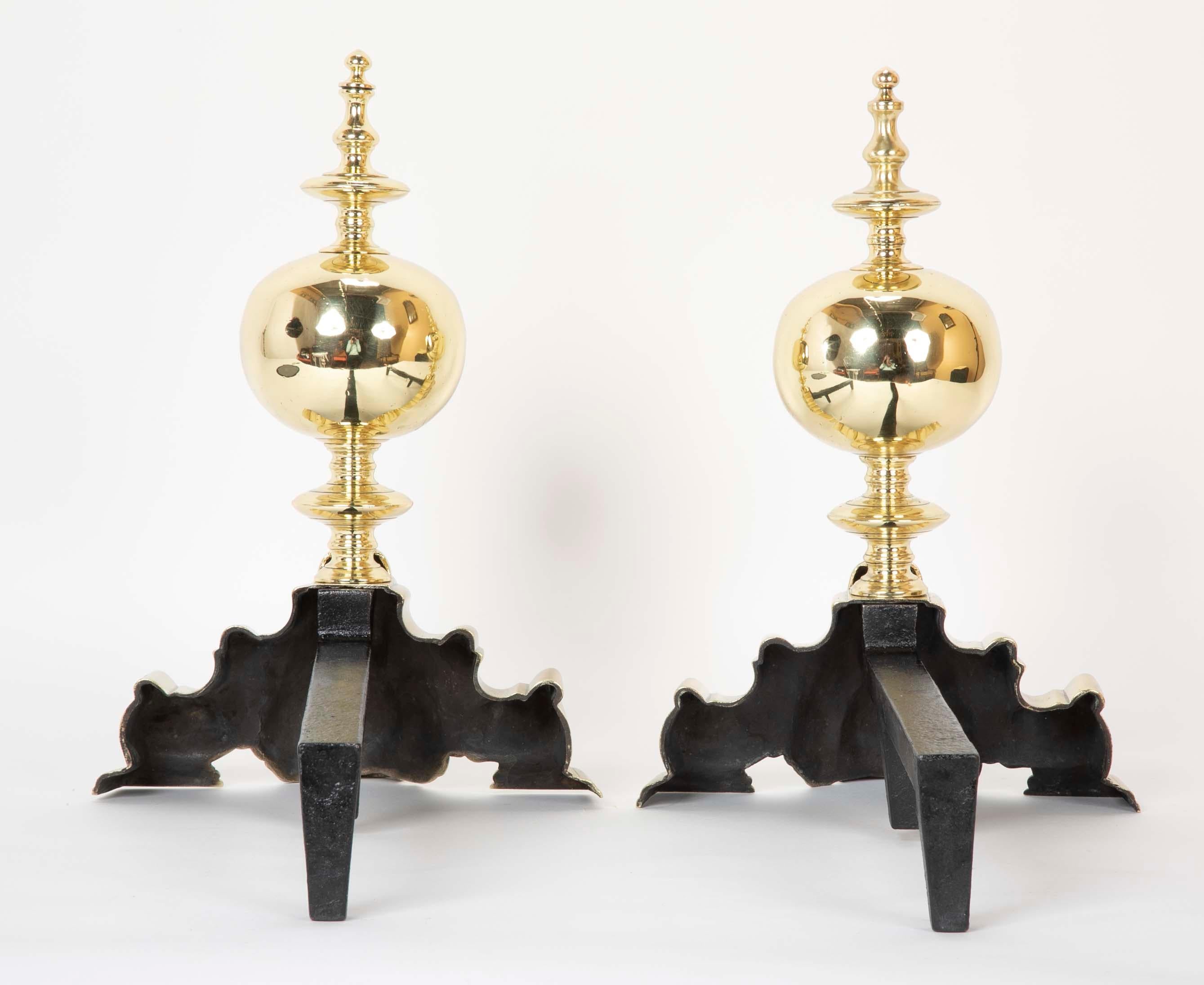 20th Century Pair of French Louis XV Brass and Iron Andirons For Sale