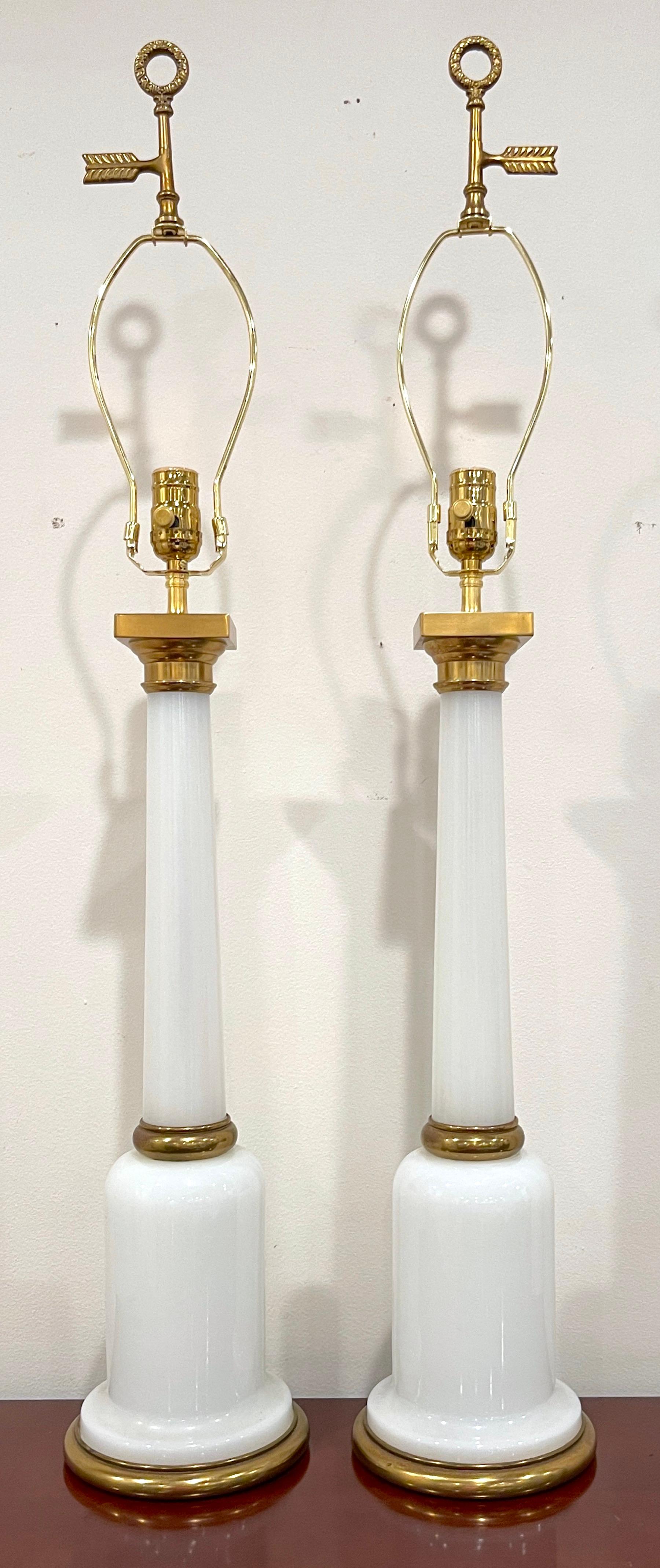 20th Century Pair French Bronze Mounted Neoclassical Column & Arrow Motif Opaline Lamps