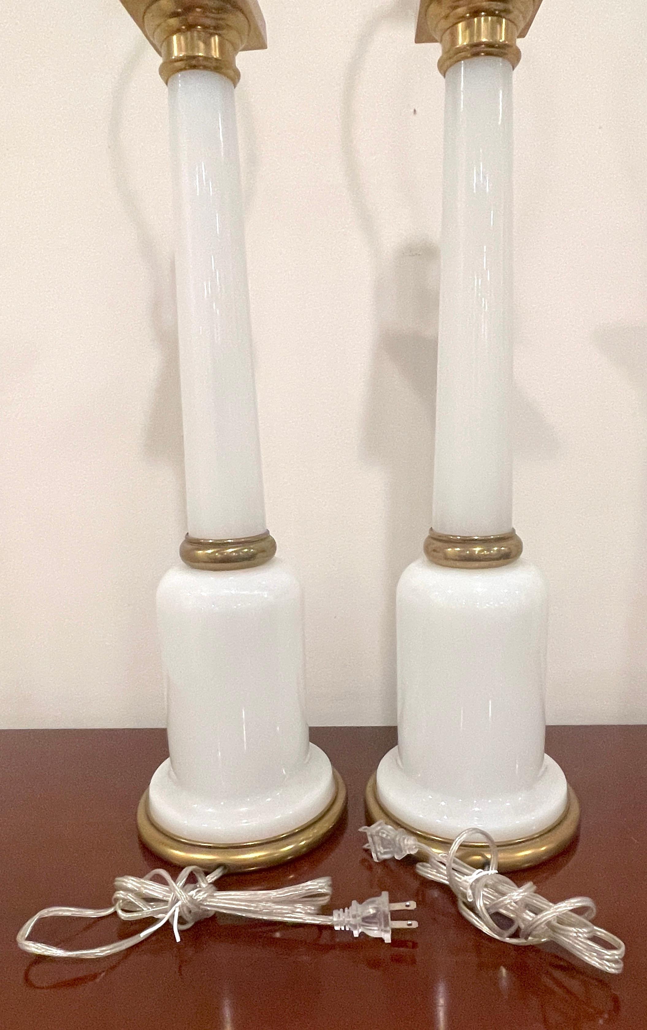 Pair French Bronze Mounted Neoclassical Column & Arrow Motif Opaline Lamps 2