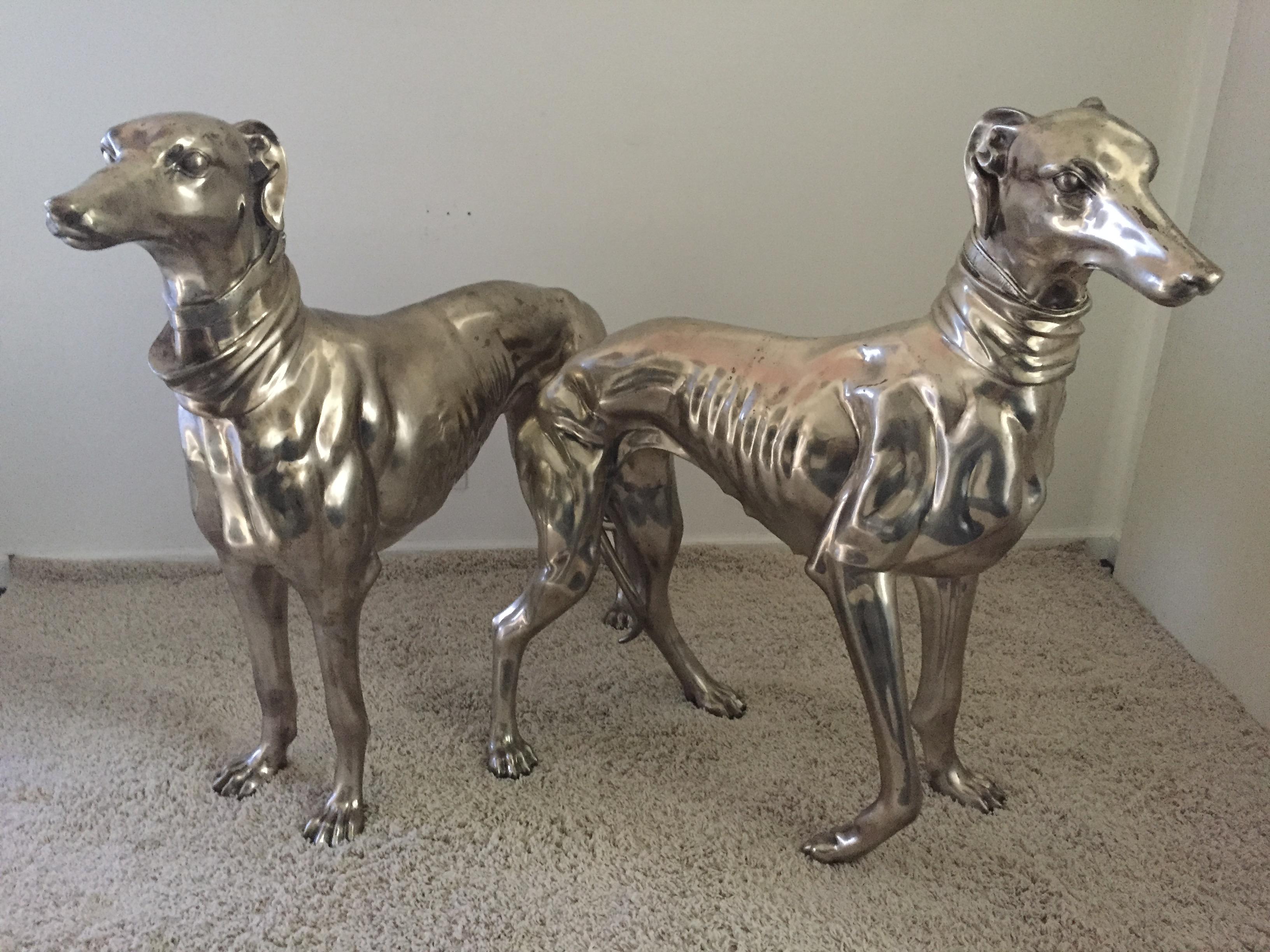 Pair of Monumental life size French bronze Nickel finish Greyhound statues.