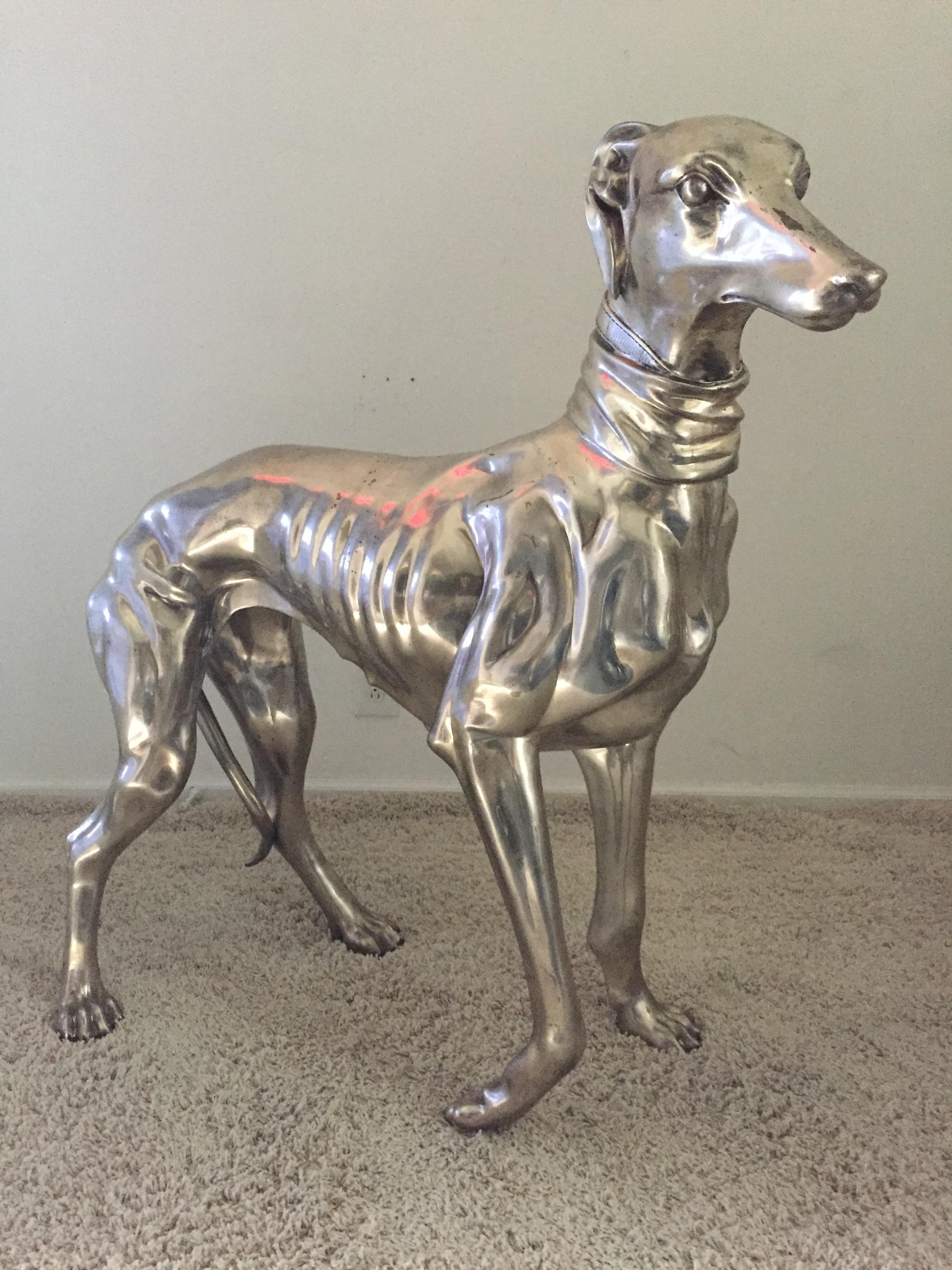 Plaqué Paire de chien de lévrier français monumentaux en bronze et nickel en vente