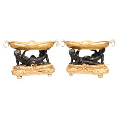 Pair French Bronze Ormolu Cherub Tazza Dishes Bowls Clodion