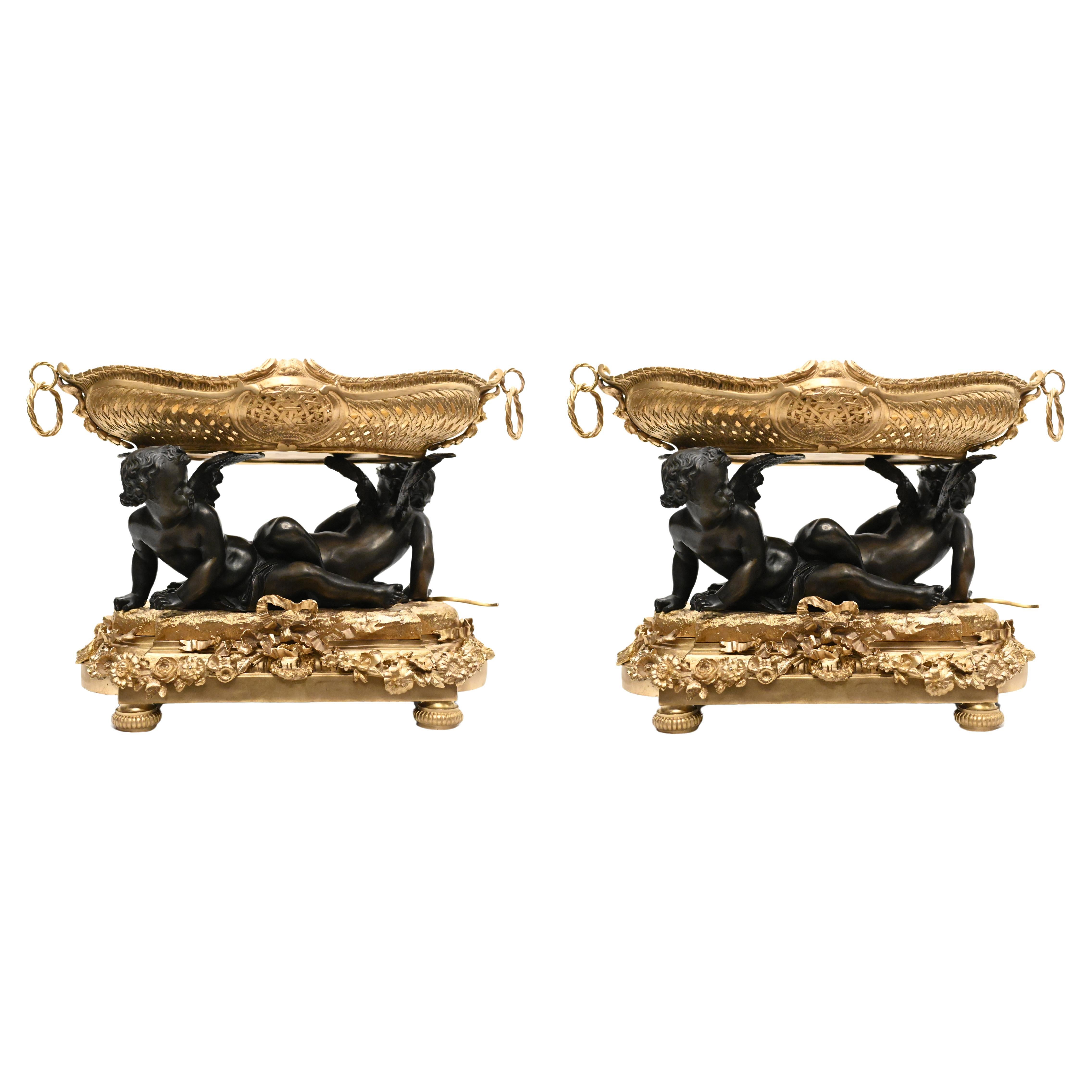 Pair French Bronze Ormolu Cherub Tazza Dishes Bowls Clodion For Sale