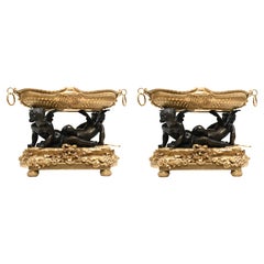 Pair French Bronze Ormolu Cherub Tazza Dishes Bowls Clodion