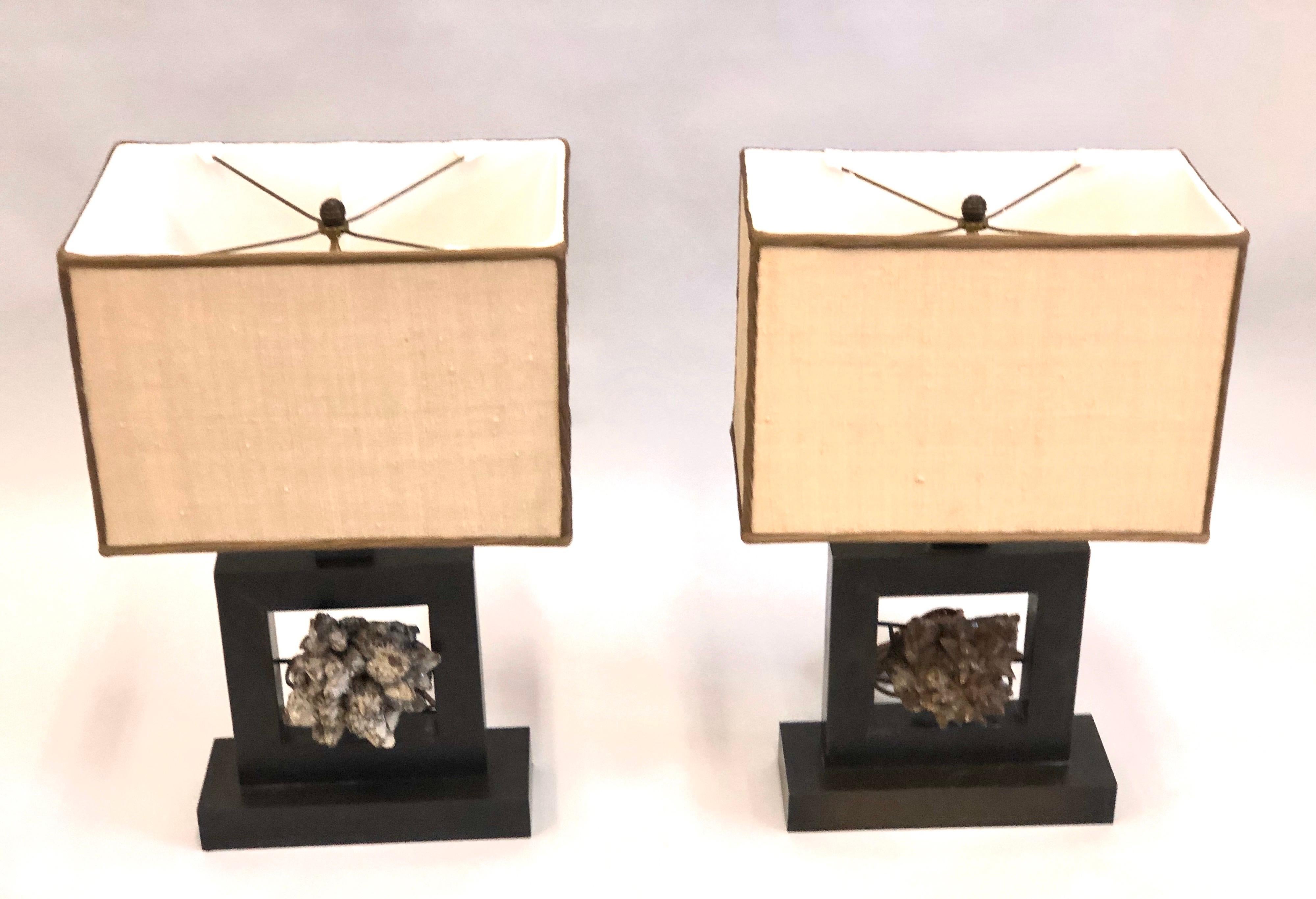 Mid-Century Modern Pair of French Bronze & Rock Crystal Mineral Geode Table Lamps, Marc Du Plantier For Sale
