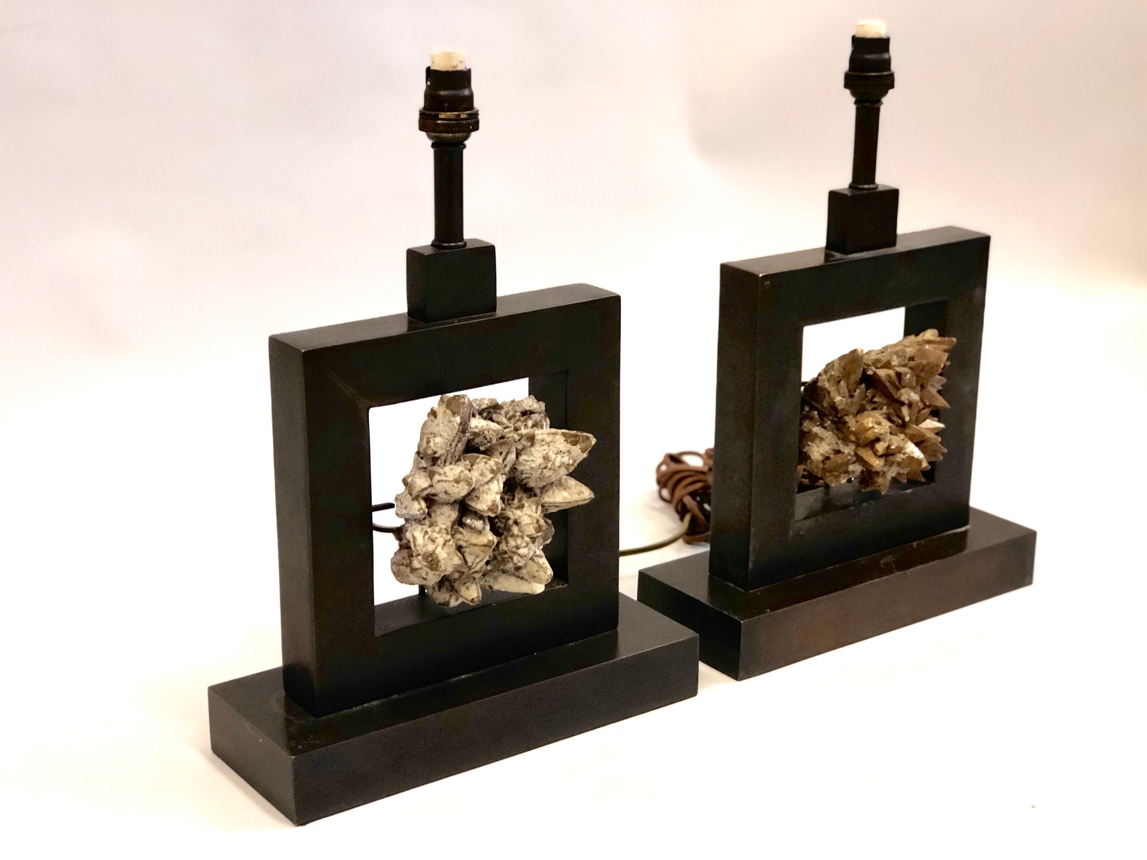Pair of French Bronze & Rock Crystal Mineral Geode Table Lamps, Marc Du Plantier In Good Condition For Sale In New York, NY