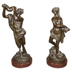 Pair French Bronze Sculptures of Satyr & Lady Rouge Marble Bases After Clodion