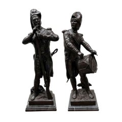 Vintage Pair of French Bronze Soldiers Battle Waterloo Napoleon Military, 20th Century