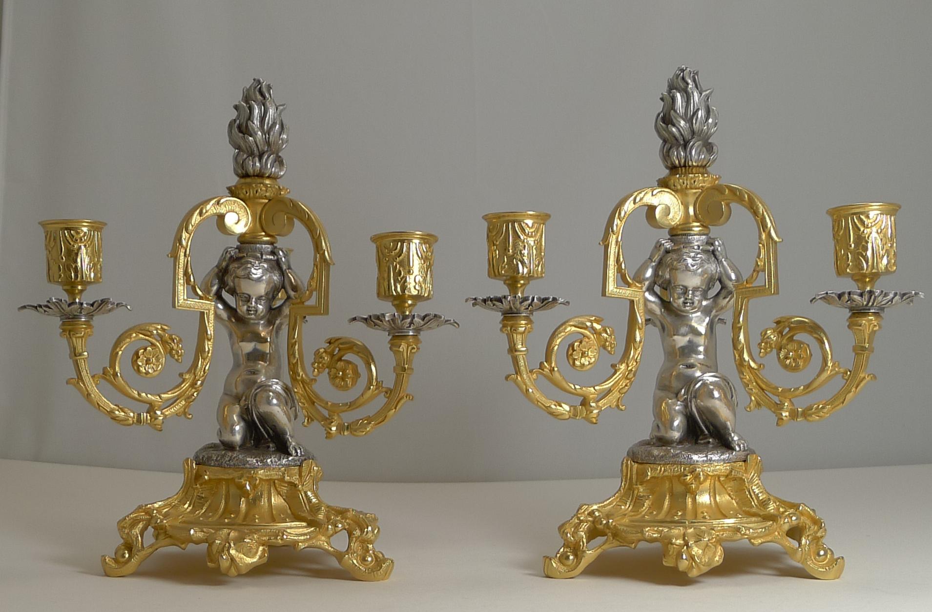 French Bronze Three Branch Candlesticks / Candelabra, Cherubs, circa 1870, Pair In Good Condition For Sale In Bath, GB
