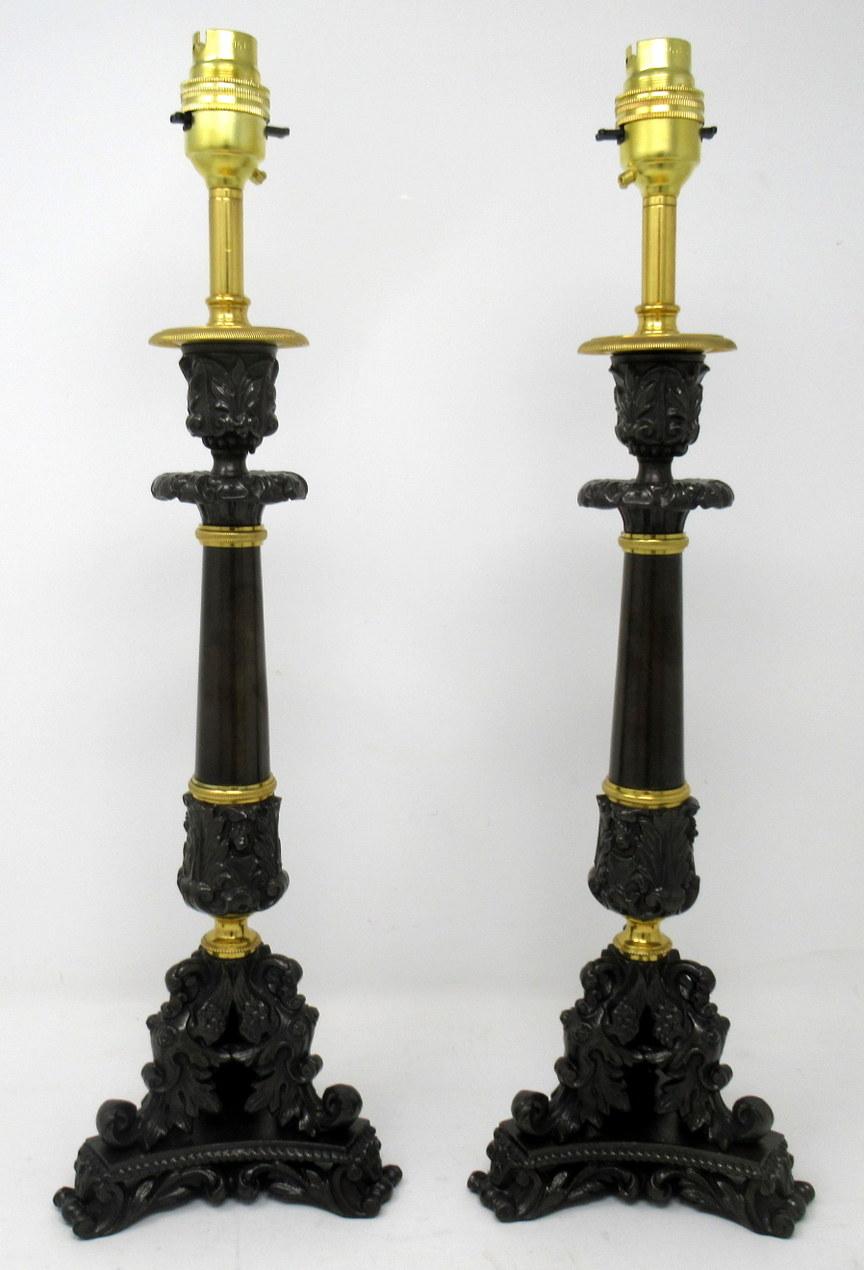 Early Victorian Pair of French Bronzed Neoclassical Ormolu Table Candlestick Lamps, 19th Century