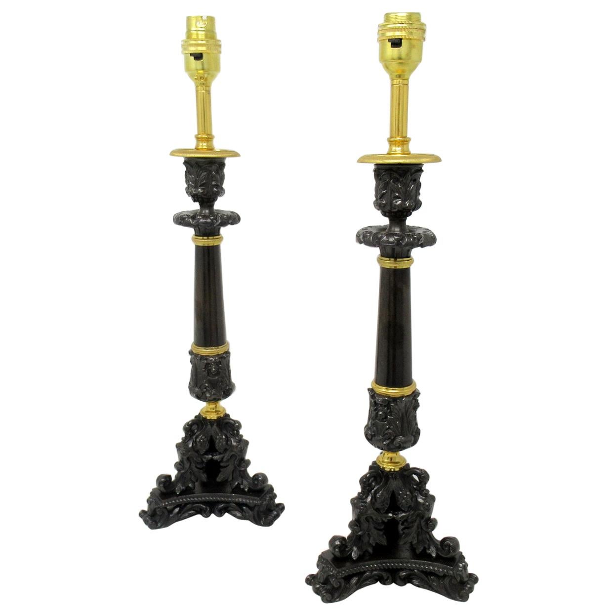 Pair of French Bronzed Neoclassical Ormolu Table Candlestick Lamps, 19th Century
