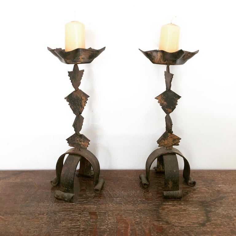 French Provincial Pair of French Brutalist Forged Iron Candlesticks / Candleholders For Sale