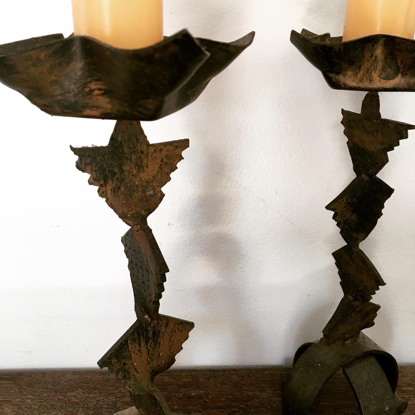 French Provincial Pair of French Brutalist Forged Iron Candlesticks / Candleholders