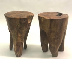 Pair of Brutalist Hand Carved Stools or Side Tables, Style of Alexandre Noll