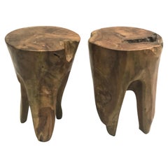 Pair of Brutalist Hand Carved Stools or Side Tables, Style of Alexandre Noll