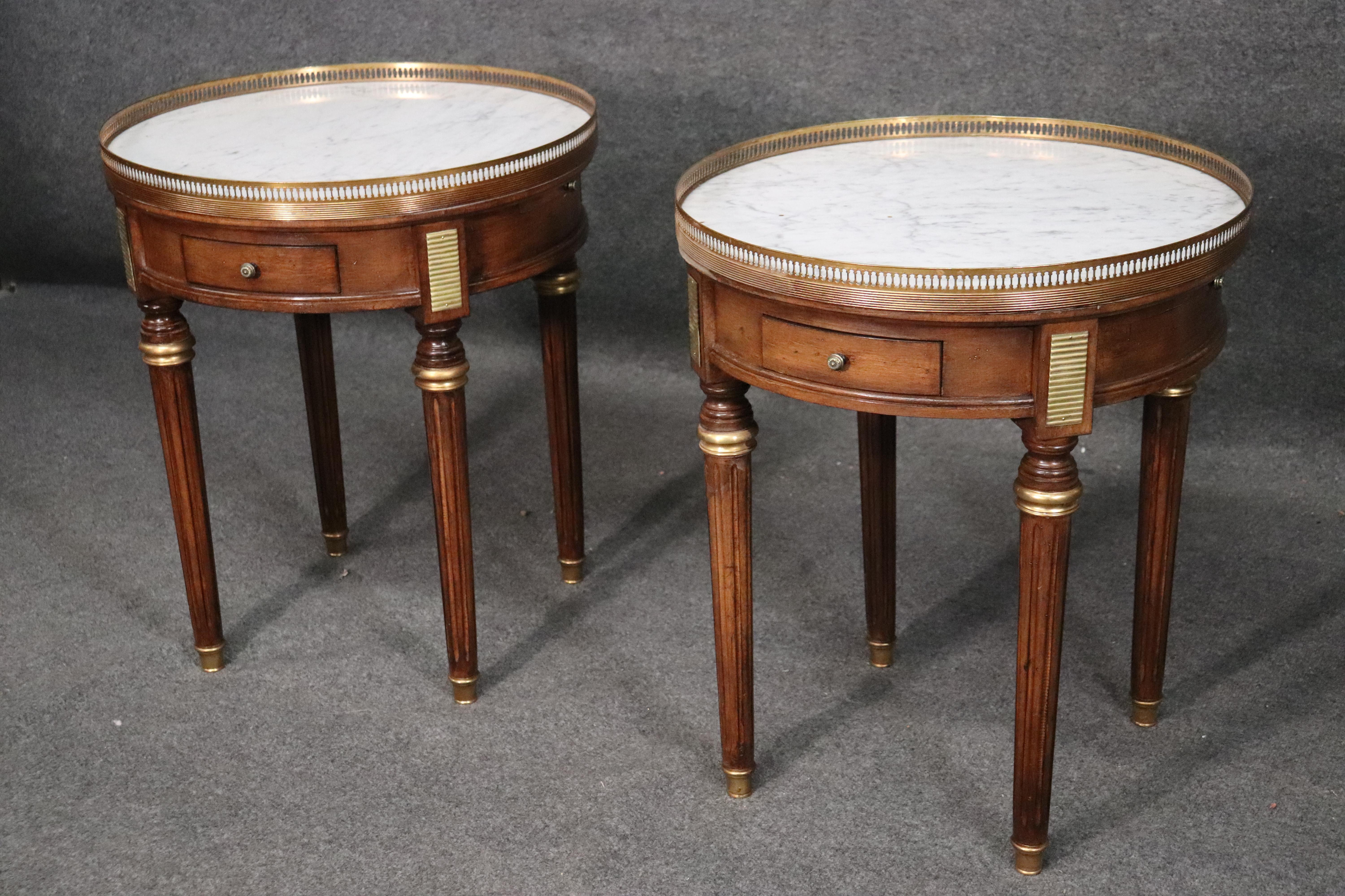 Mid-20th Century Pair of French Carrara Marble and Walnut Louis XVI Style Bouillotte End Tables