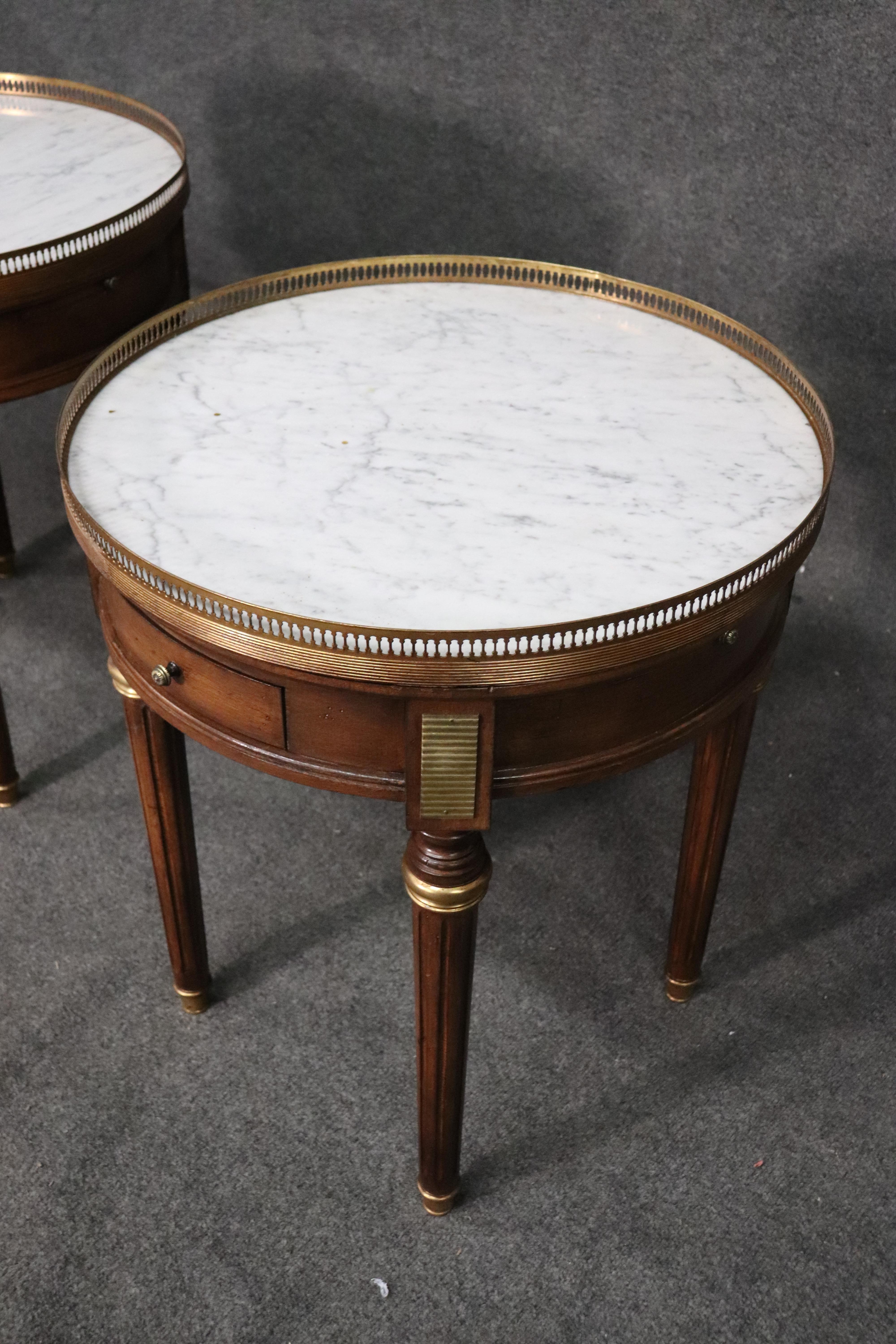 Pair of French Carrara Marble and Walnut Louis XVI Style Bouillotte End Tables 1