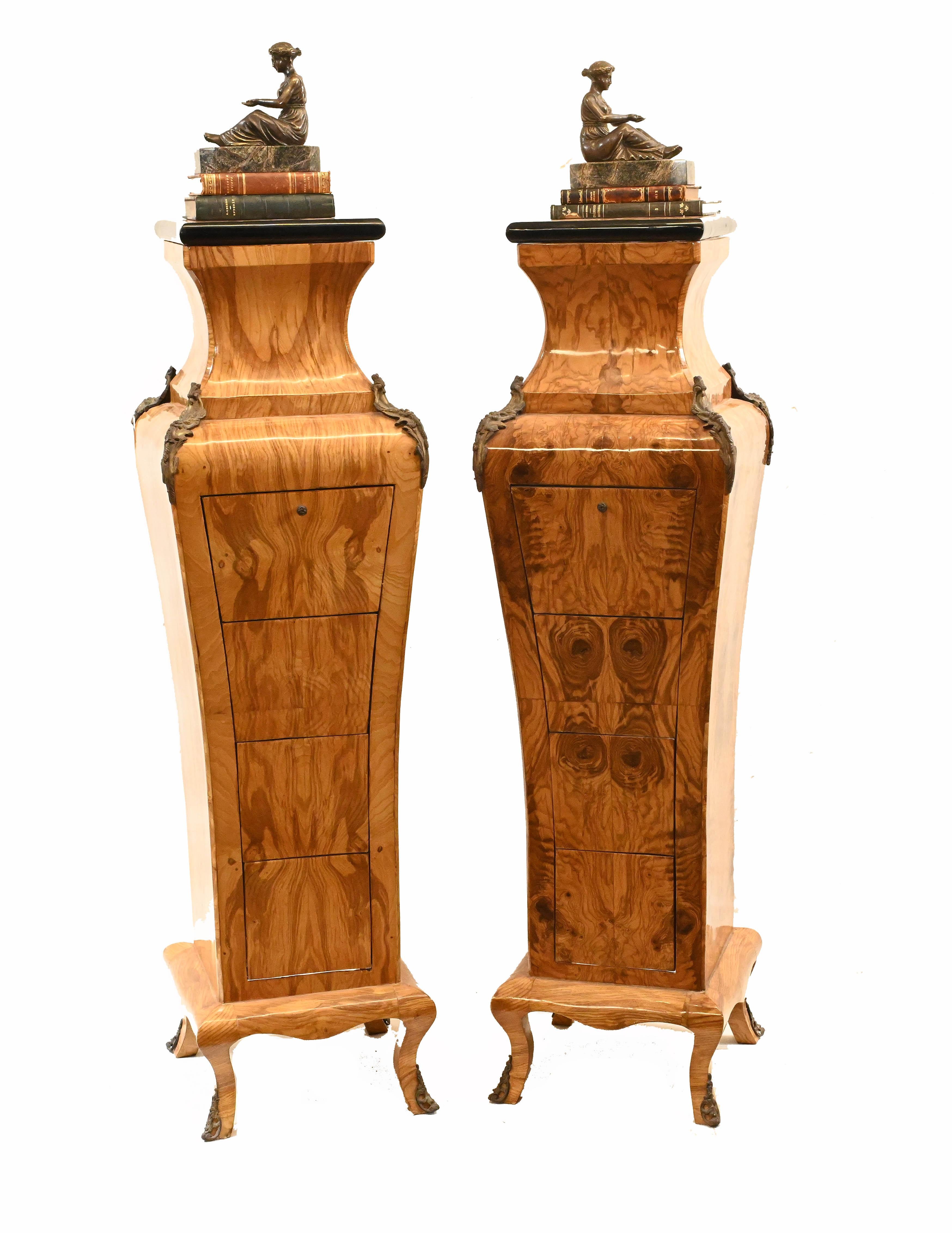 Pair French Cartonnier Pedestal Stands Burr Walnut Empire In Good Condition In Potters Bar, GB