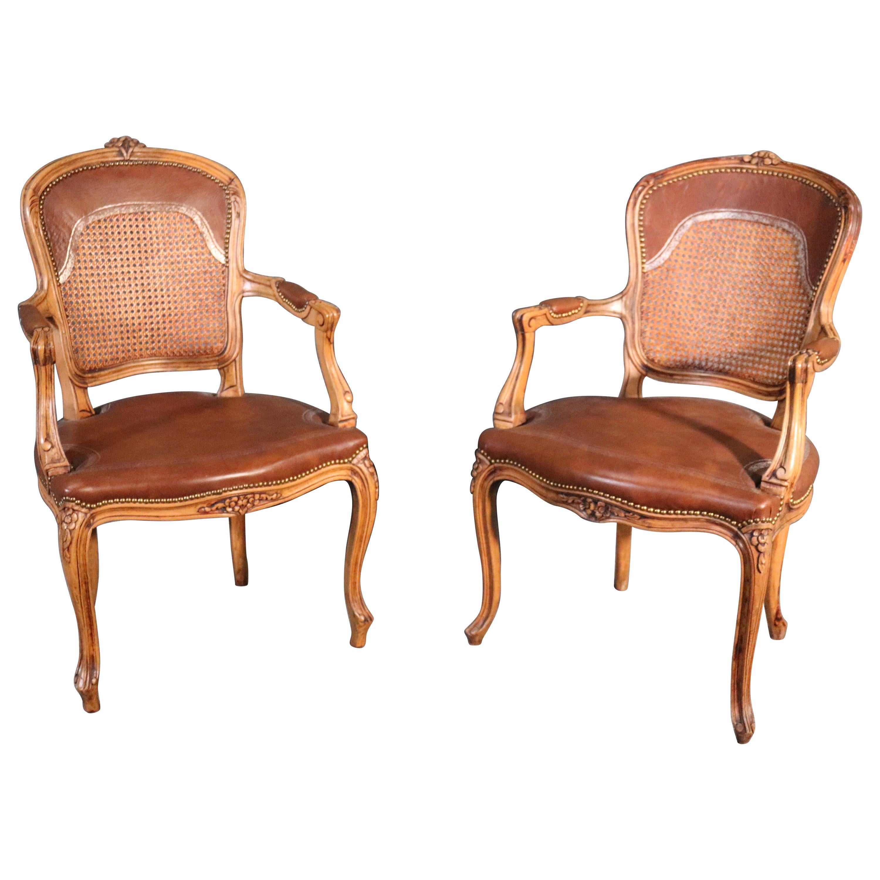 Pair of French Carved Caned Back French Louis XV Armchairs Fauteuils, circa 1940
