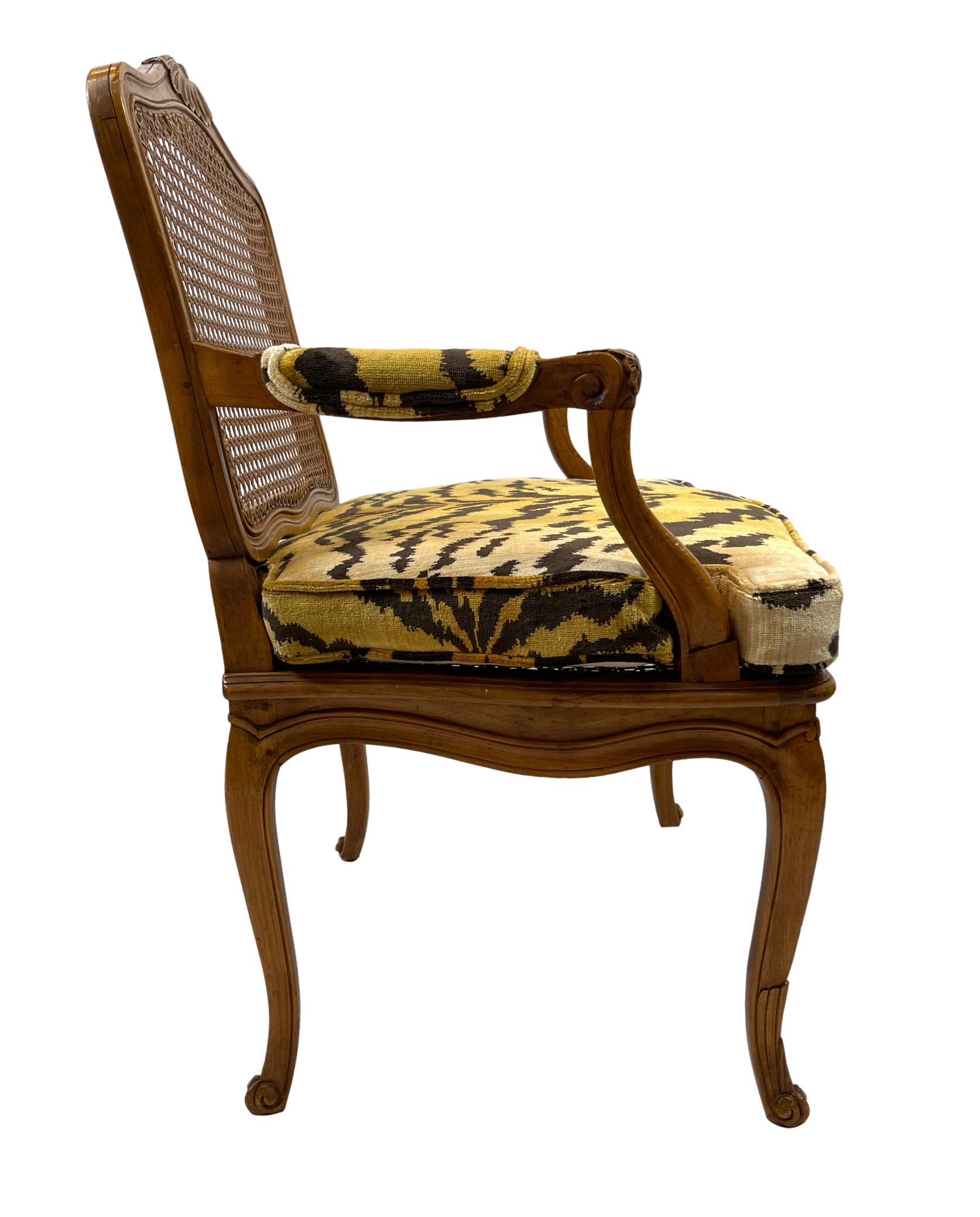 Pair of French Carved Fruitwood and Caned Fauteuils in Italian Silk Tiger Velvet 4