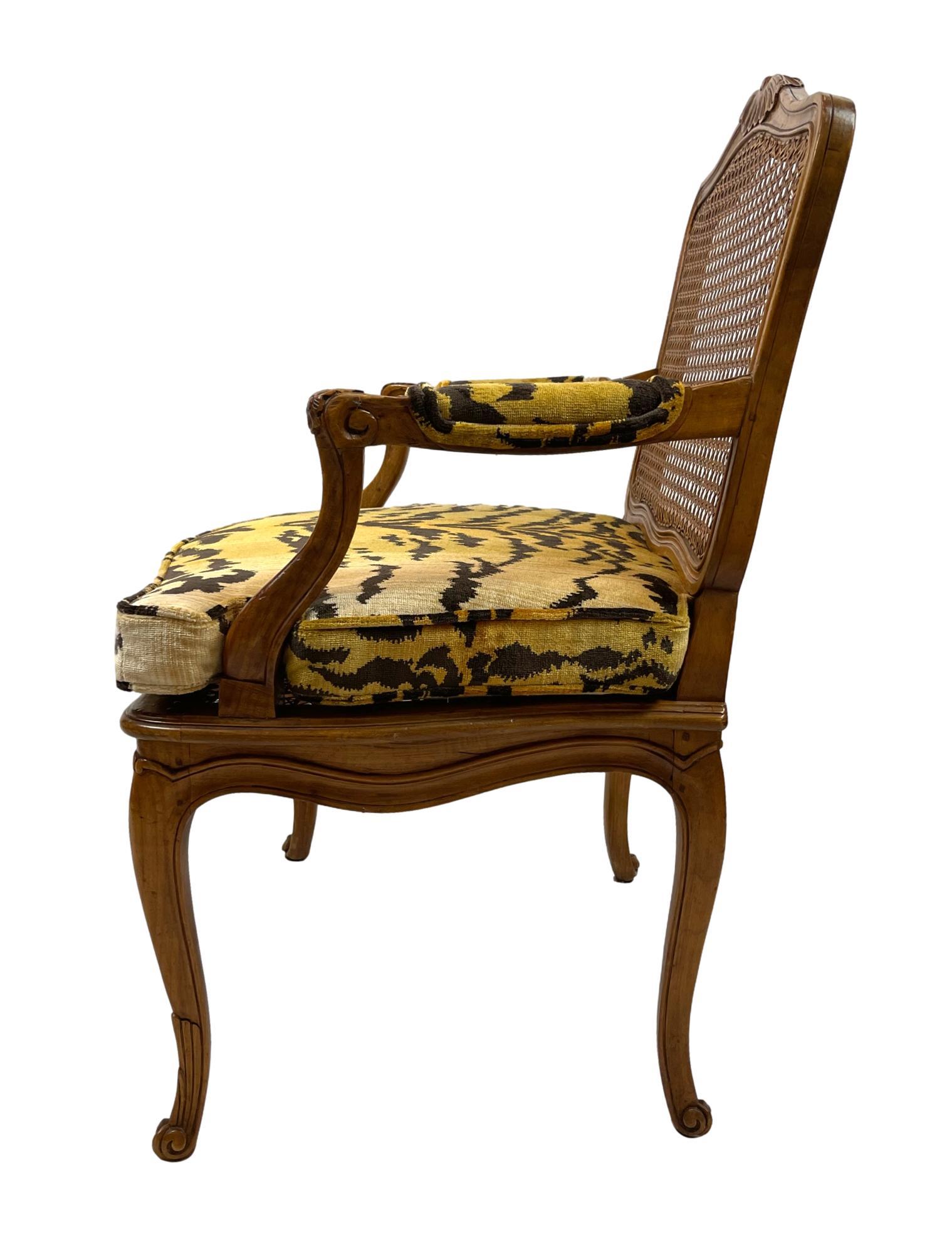 Pair of French Carved Fruitwood and Caned Fauteuils in Italian Silk Tiger Velvet 5