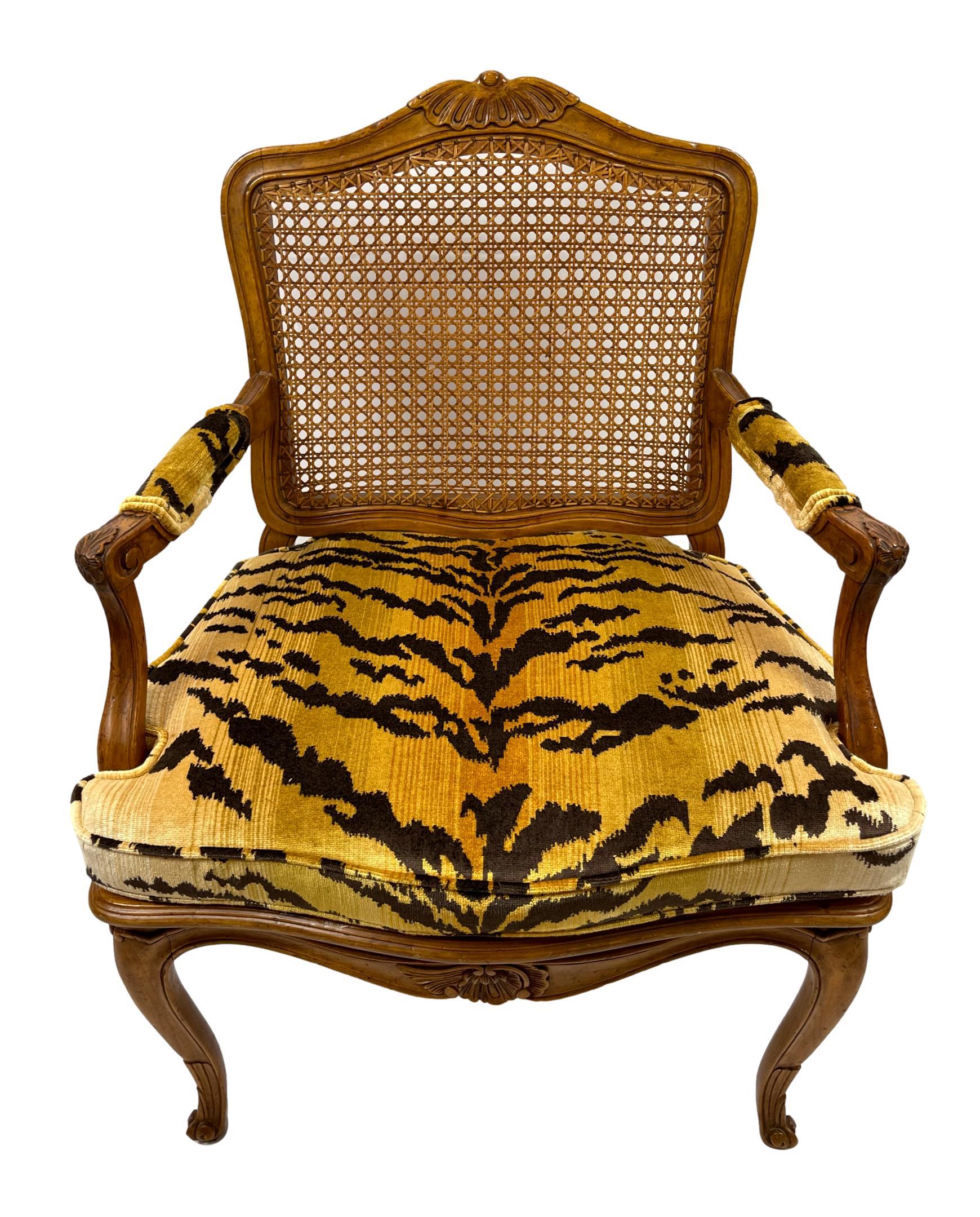 Pair of French Carved Fruitwood and Caned Fauteuils in Italian Silk Tiger Velvet 6