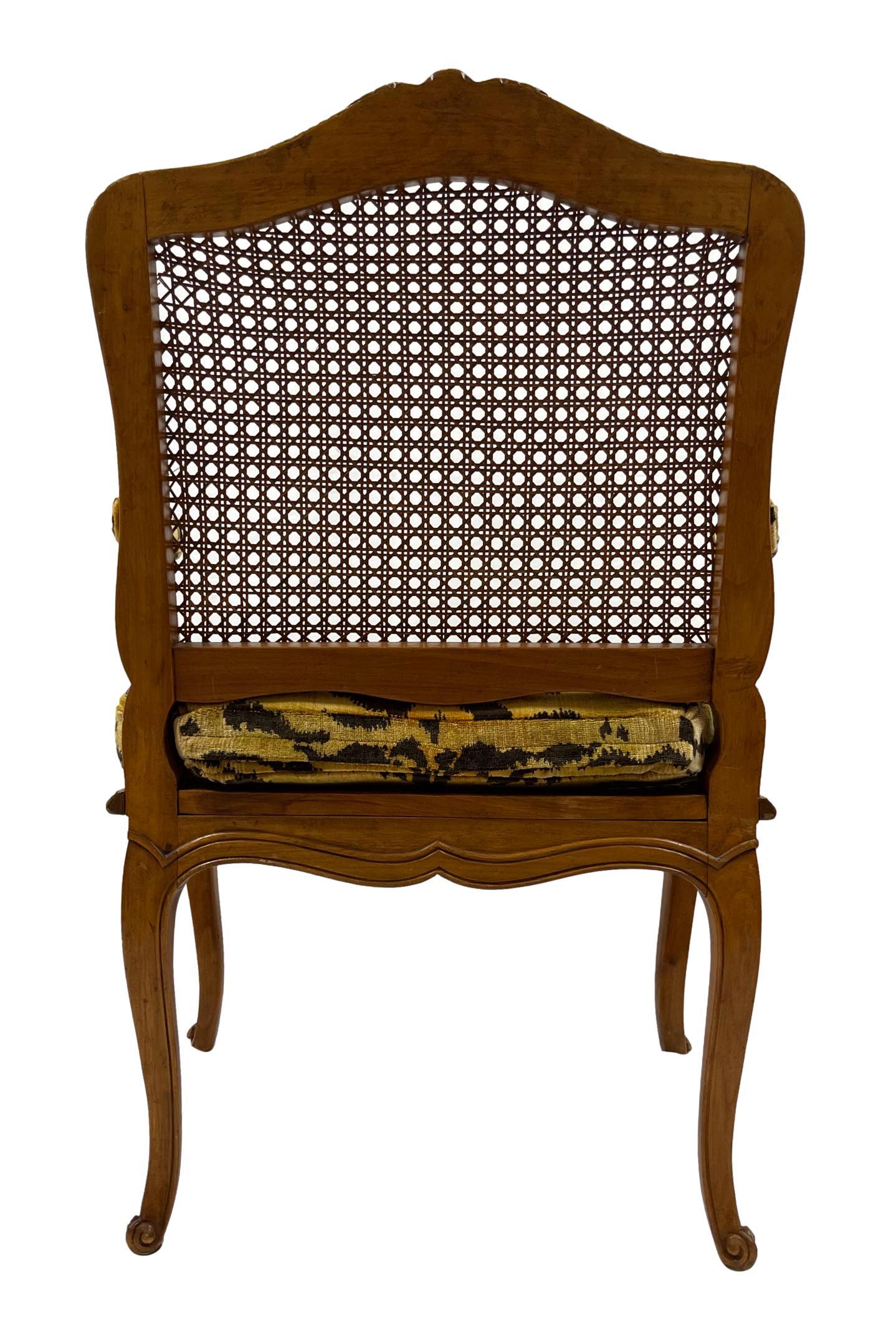 Pair of French Carved Fruitwood and Caned Fauteuils in Italian Silk Tiger Velvet 7