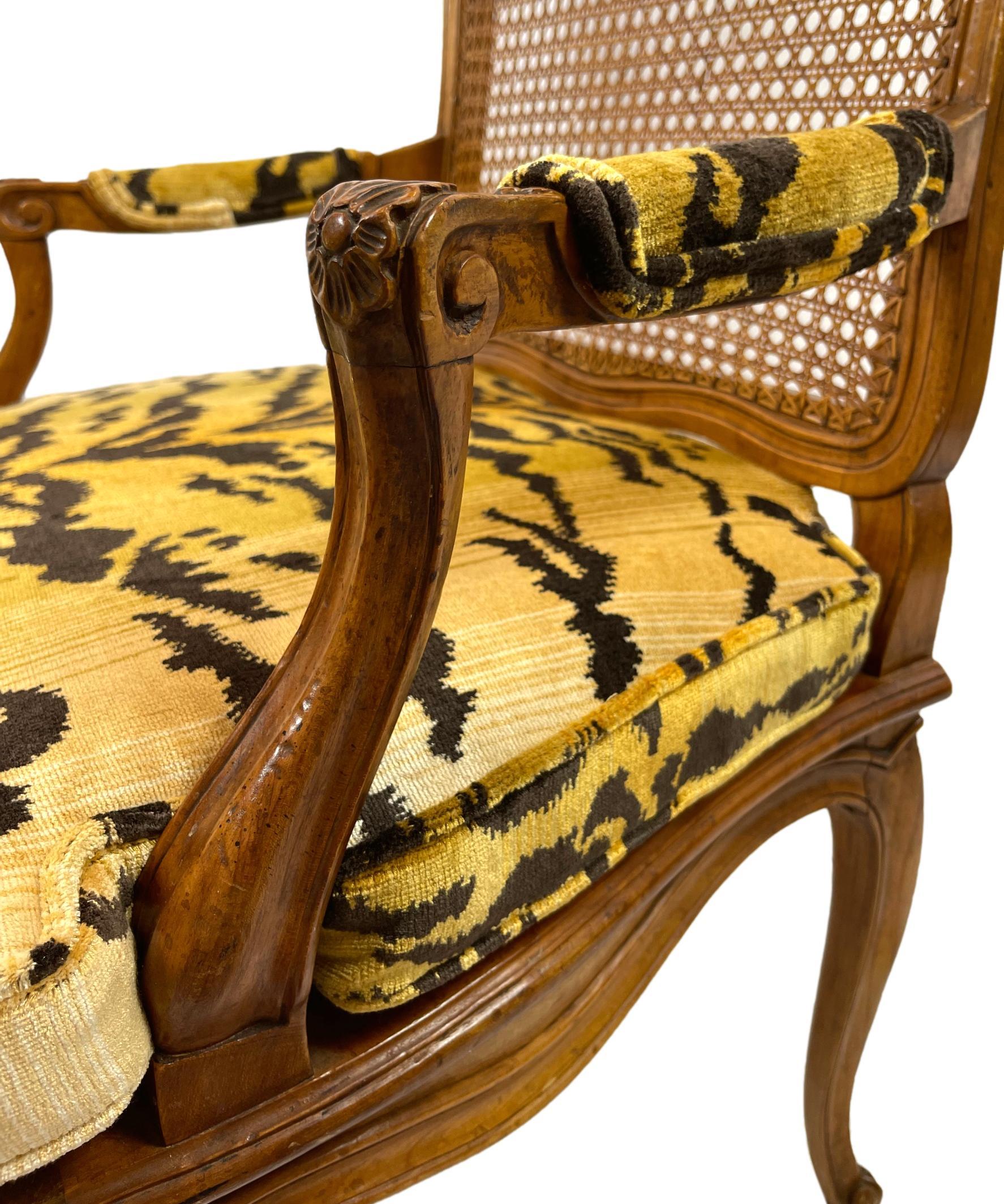 Pair of French Carved Fruitwood and Caned Fauteuils in Italian Silk Tiger Velvet 8