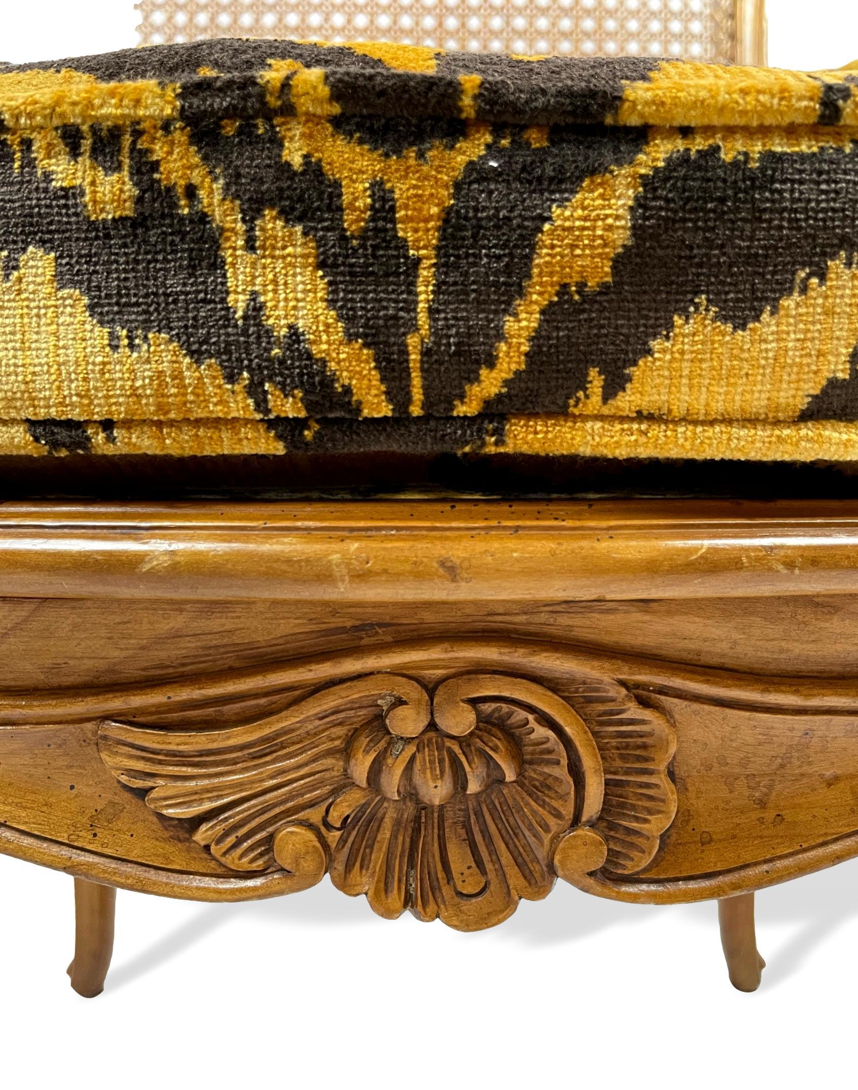 Pair of French Carved Fruitwood and Caned Fauteuils in Italian Silk Tiger Velvet 10