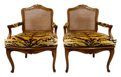 Pair of French Carved Fruitwood and Caned Fauteuils in Italian Silk Tiger Velvet