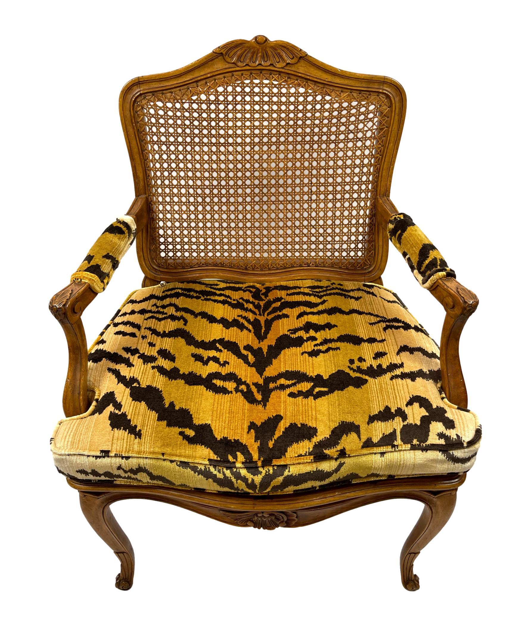 Louis XV Pair of French Carved Fruitwood and Caned Fauteuils in Italian Silk Tiger Velvet