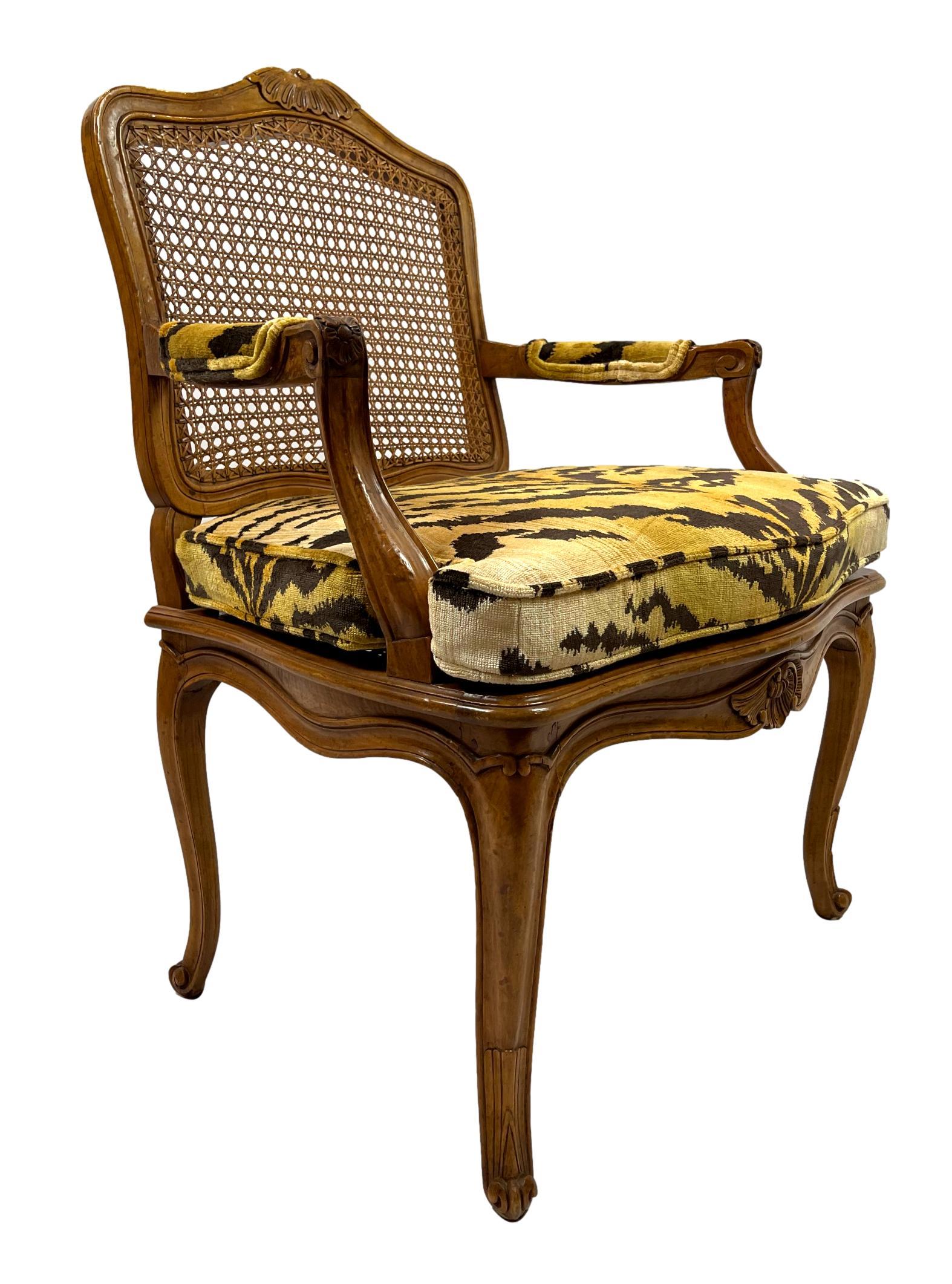 Hand-Crafted Pair of French Carved Fruitwood and Caned Fauteuils in Italian Silk Tiger Velvet
