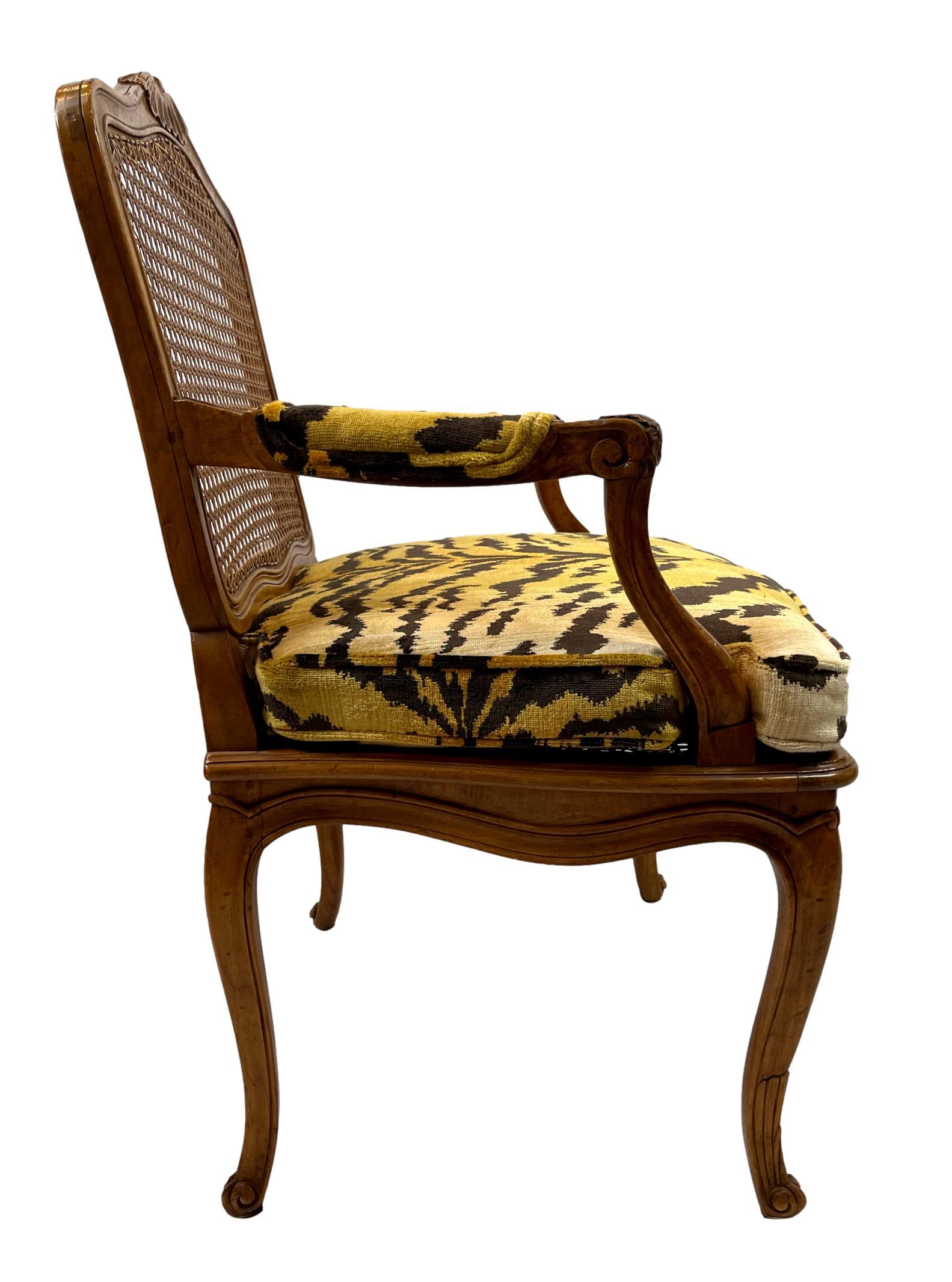 Pair of French Carved Fruitwood and Caned Fauteuils in Italian Silk Tiger Velvet In Good Condition In Banner Elk, NC