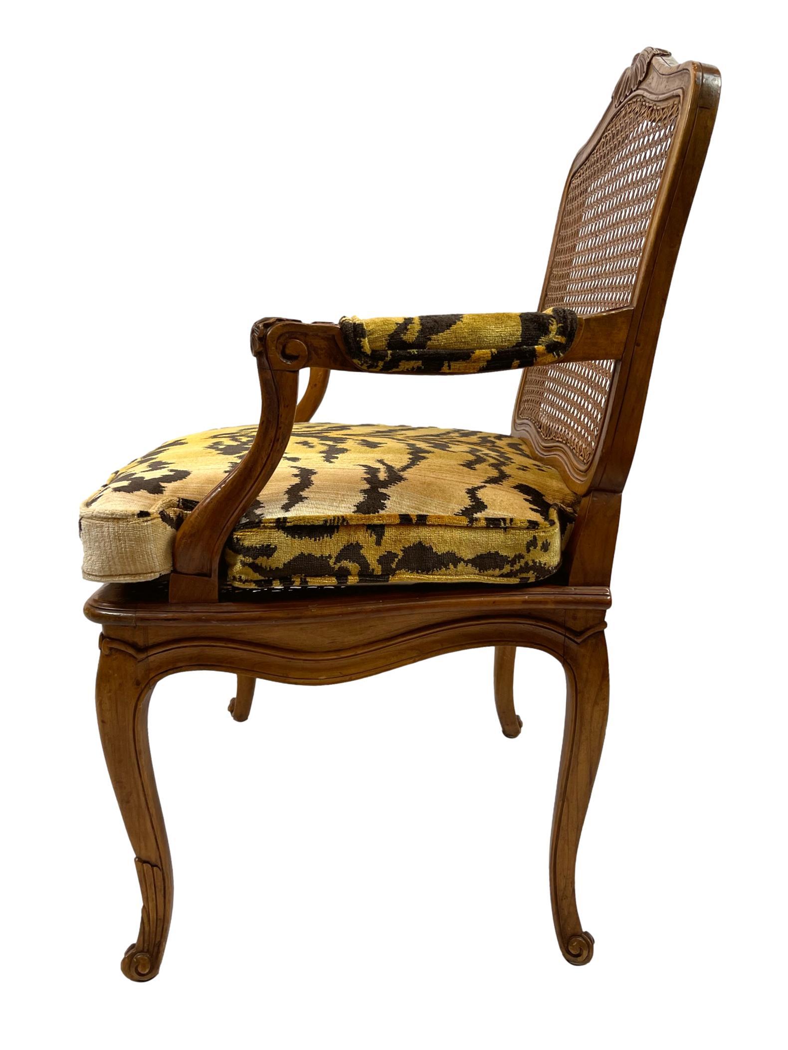 Early 20th Century Pair of French Carved Fruitwood and Caned Fauteuils in Italian Silk Tiger Velvet