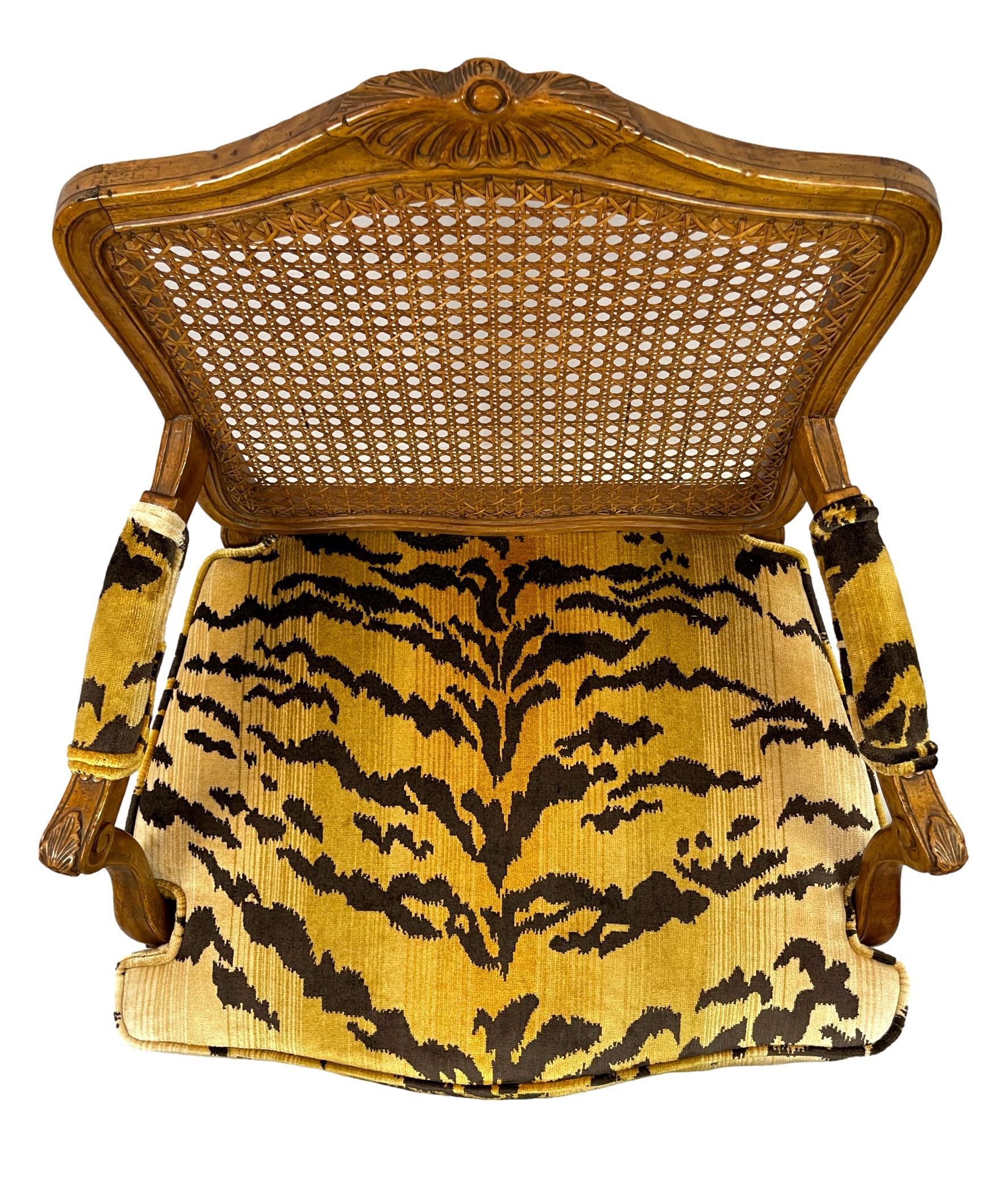 Pair of French Carved Fruitwood and Caned Fauteuils in Italian Silk Tiger Velvet 1