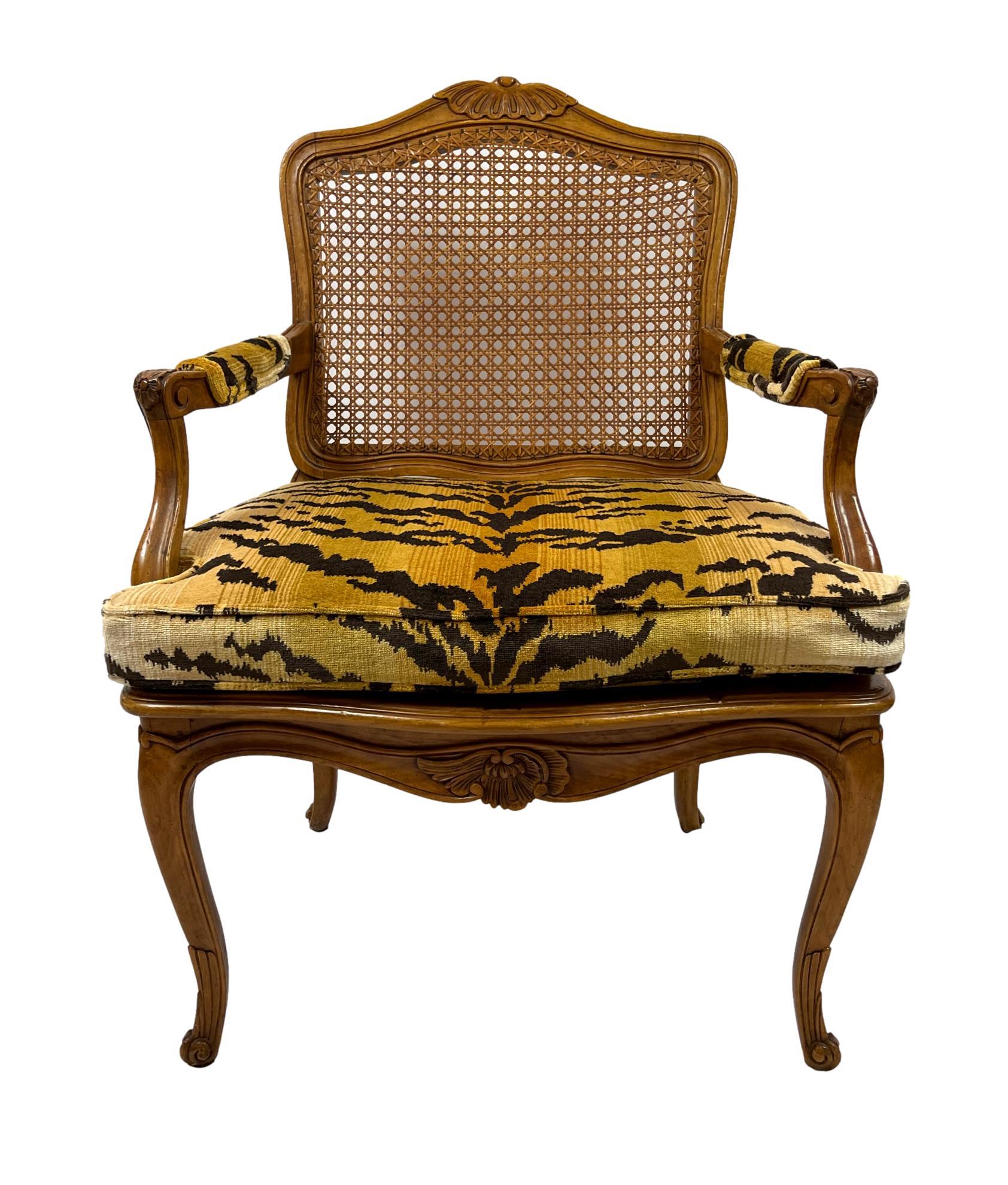 Pair of French Carved Fruitwood and Caned Fauteuils in Italian Silk Tiger Velvet 2