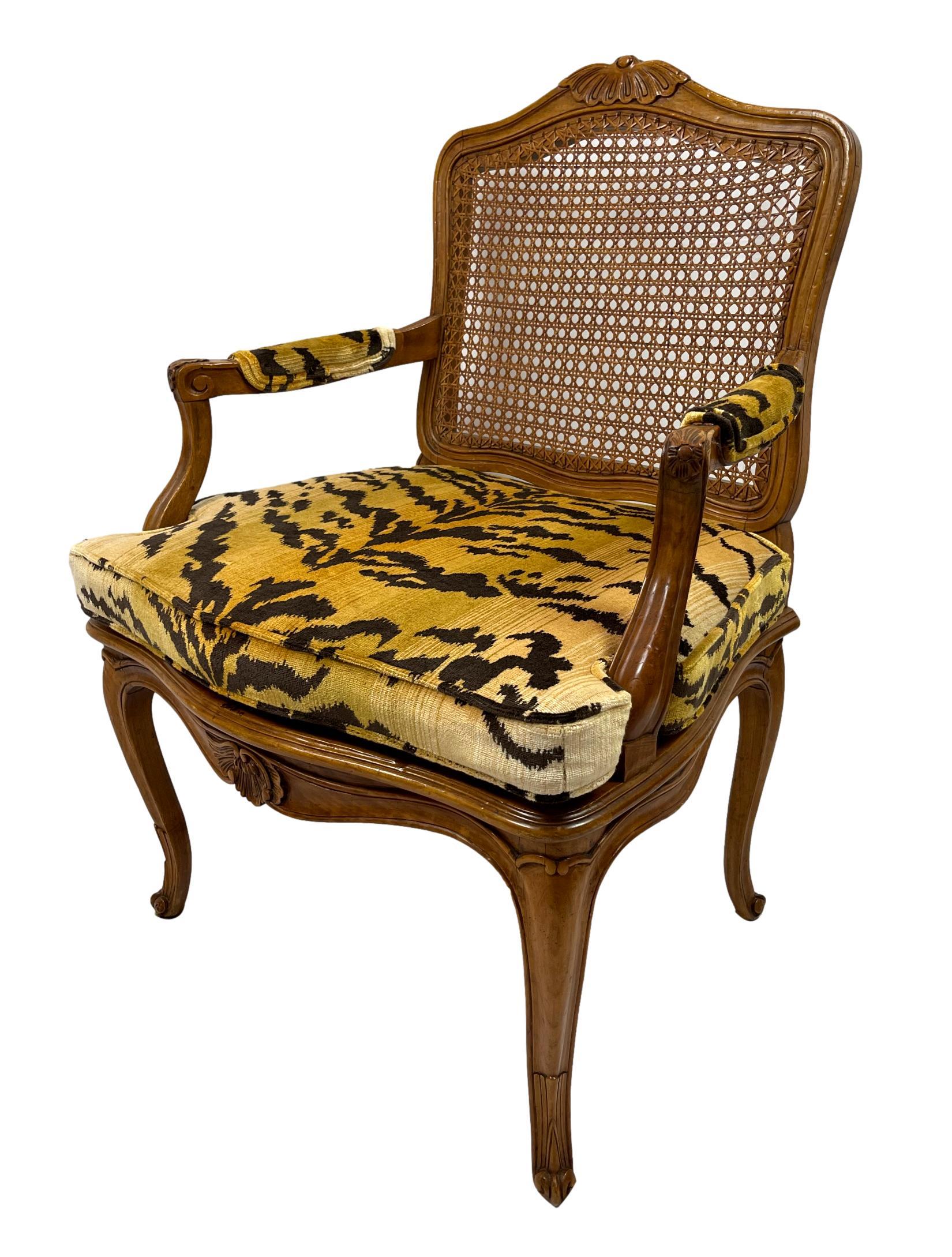 Pair of French Carved Fruitwood and Caned Fauteuils in Italian Silk Tiger Velvet 3