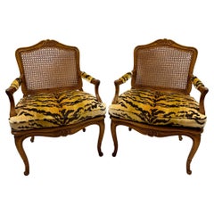 Pair of French Carved Fruitwood and Caned Fauteuils in Italian Silk Tiger Velvet