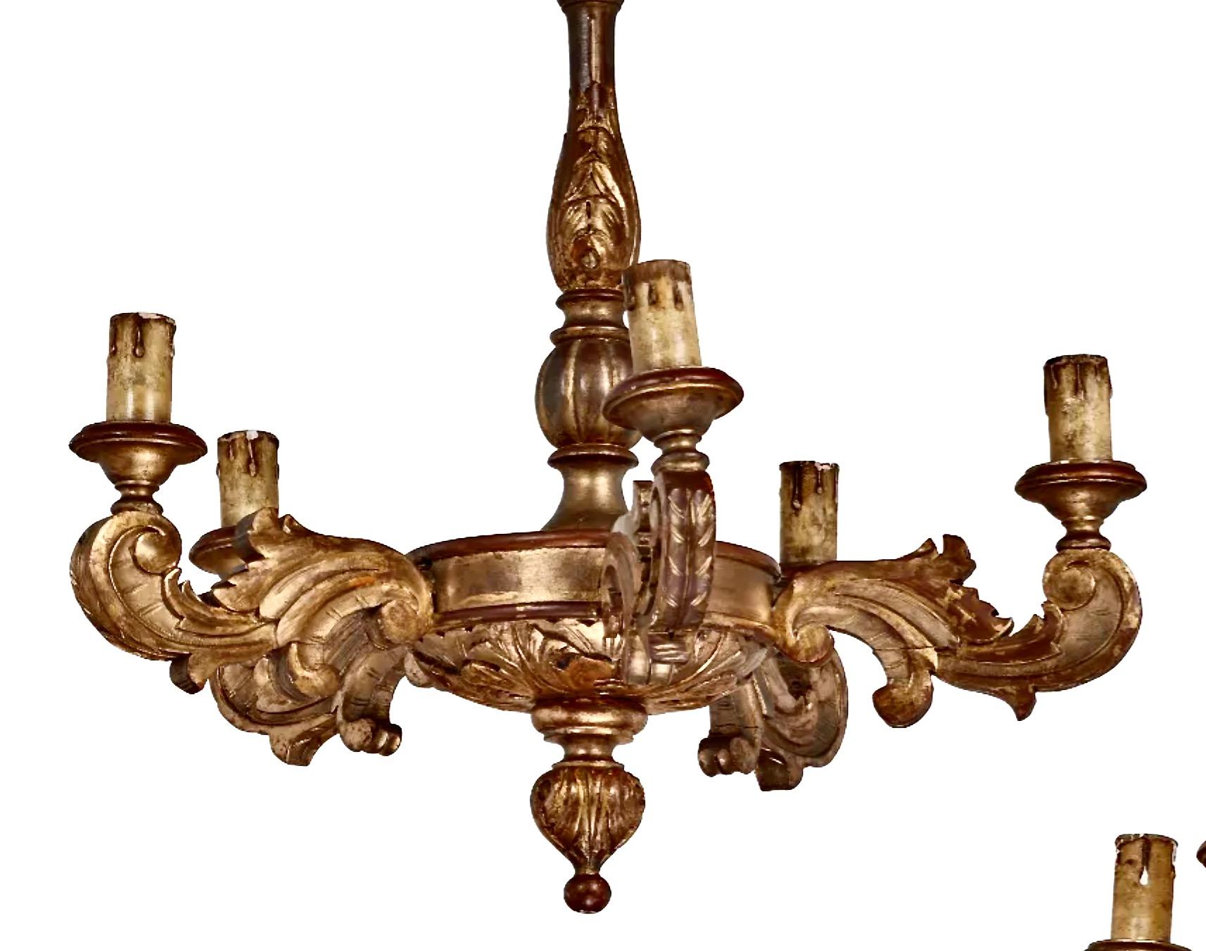 Baroque Pair French Carved Gilt Wood Chandeliers For Sale