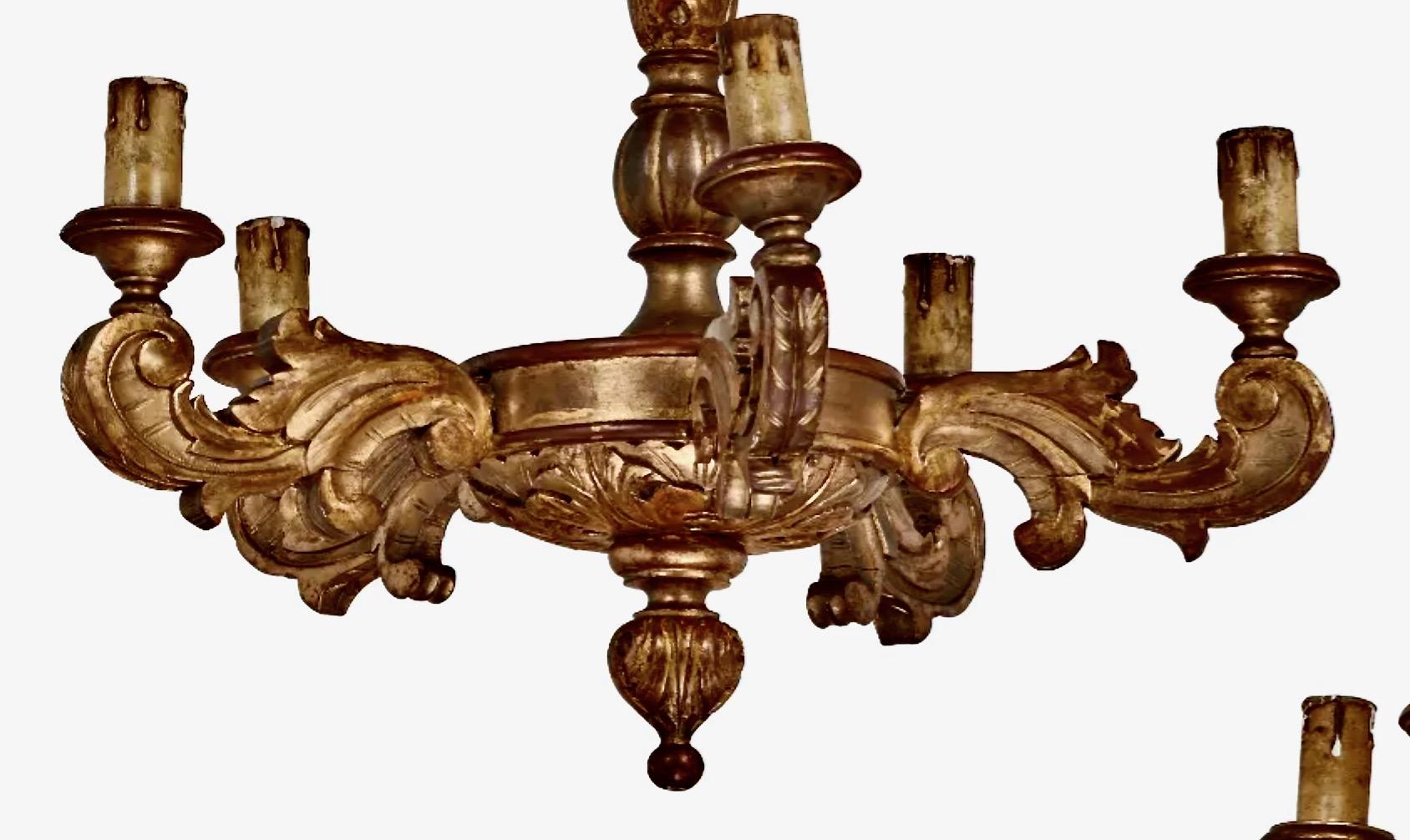 Hand-Carved Pair French Carved Gilt Wood Chandeliers For Sale