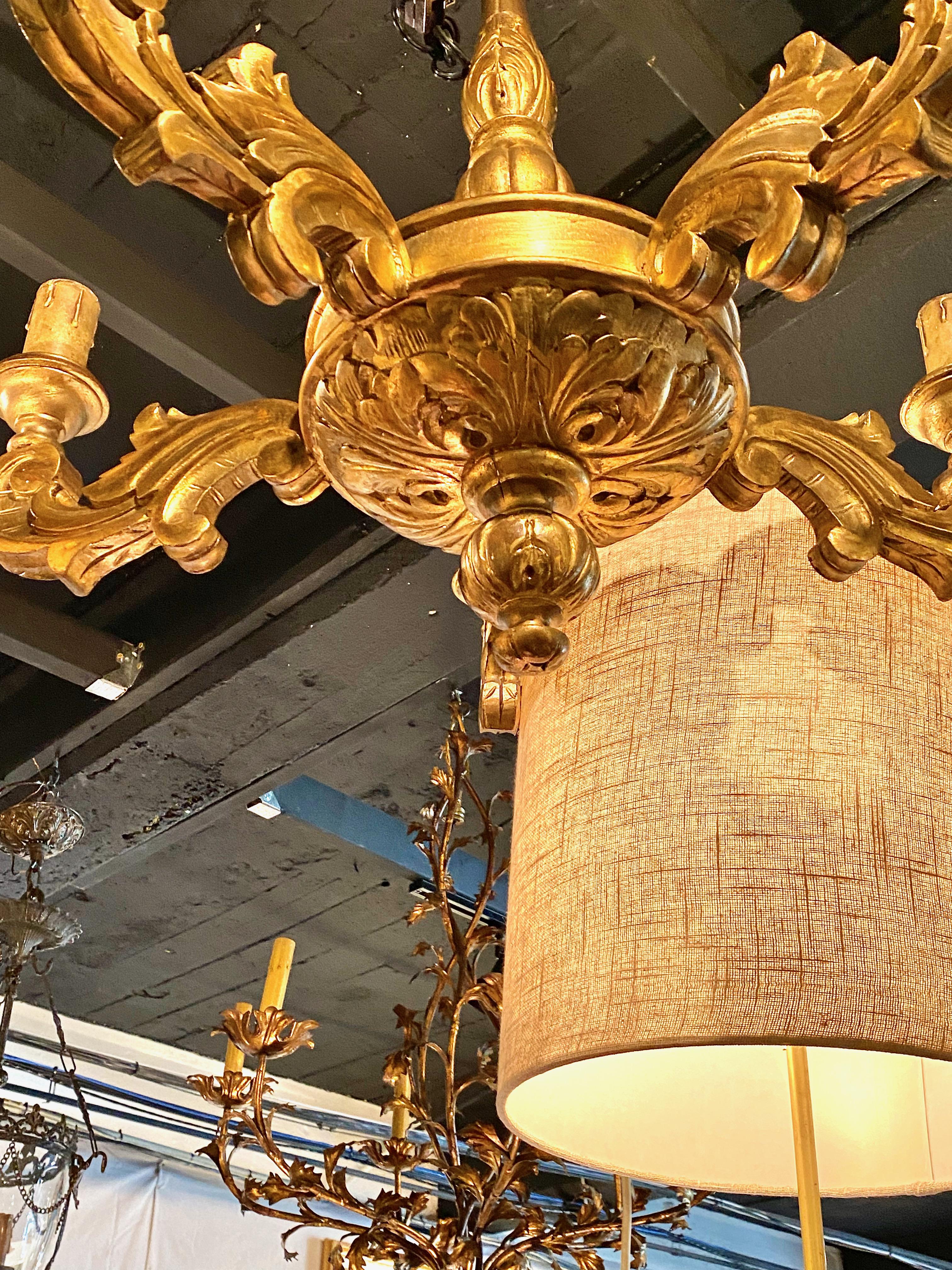 Gold Leaf Pair French Carved Gilt Wood Chandeliers For Sale
