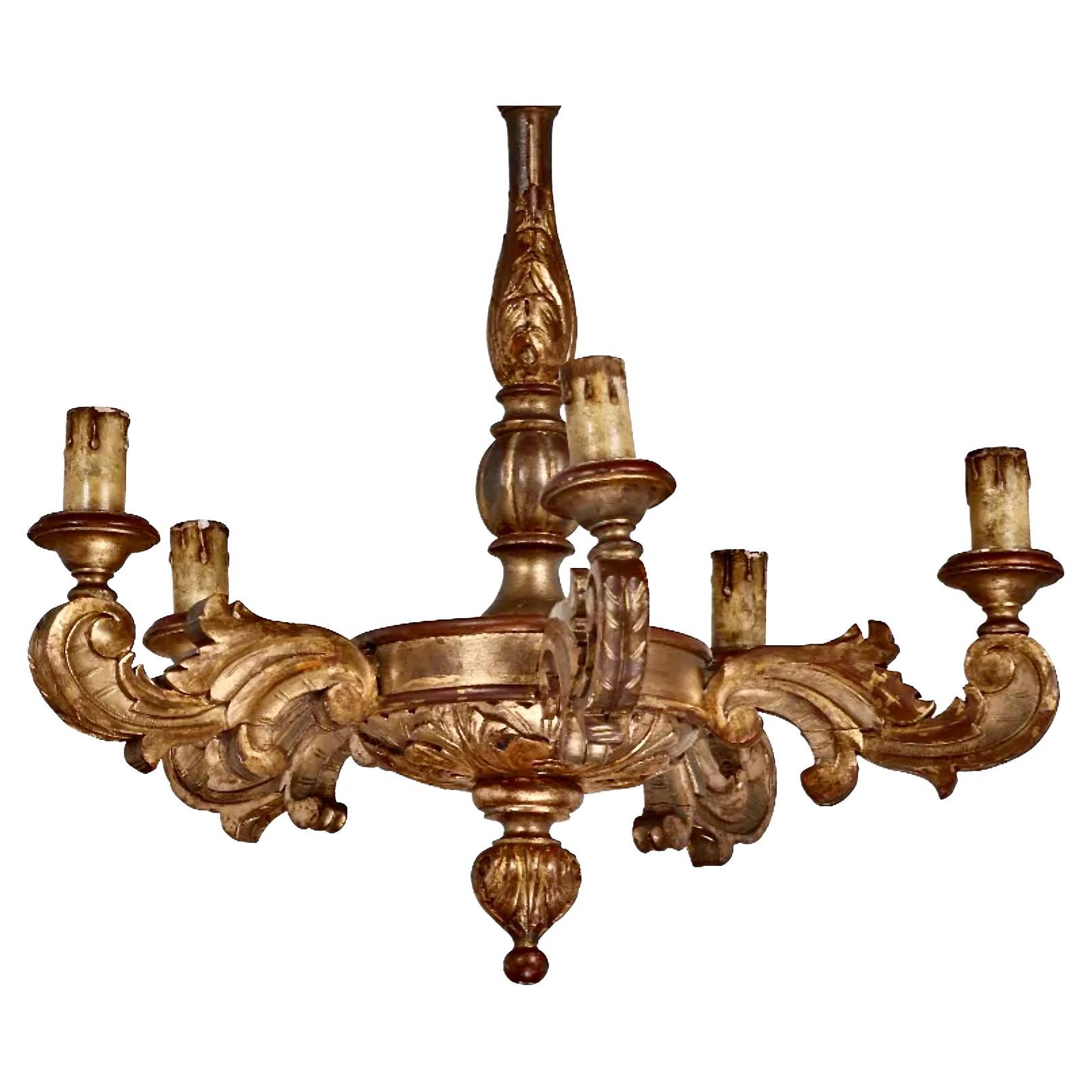Pair French Carved Gilt Wood Chandeliers For Sale