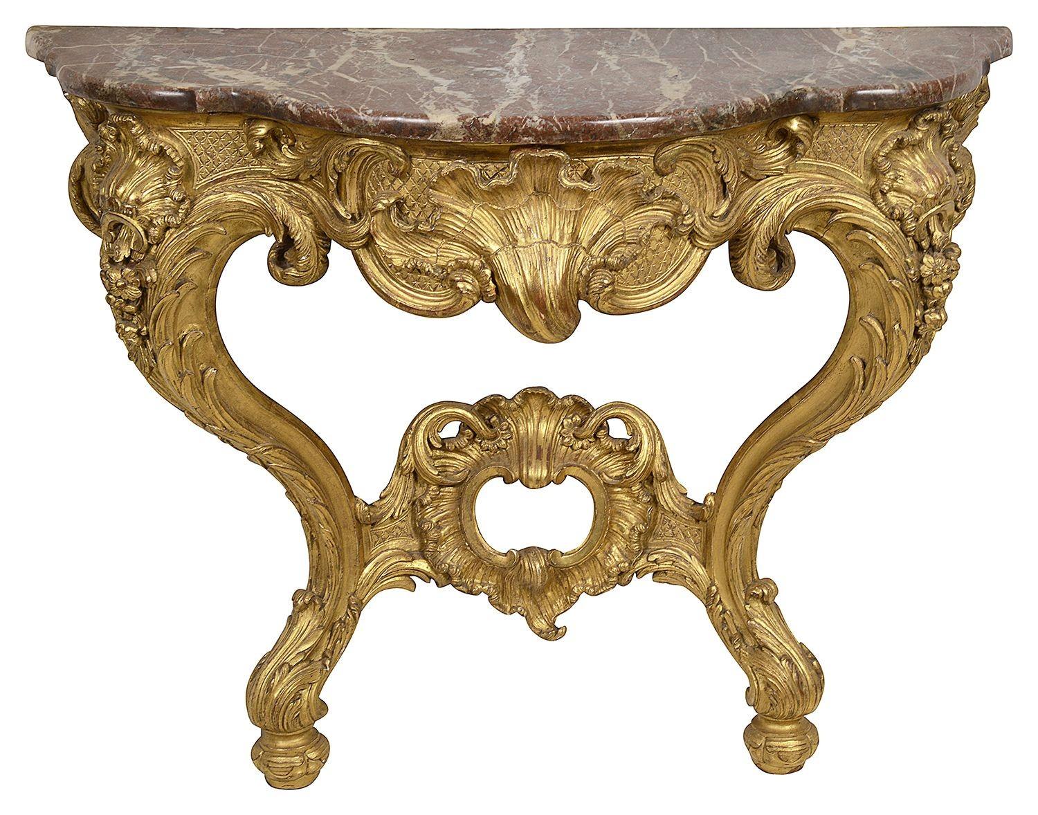 Hand-Carved Pair French Carved Giltwood Console Tabels, circa 1840 For Sale
