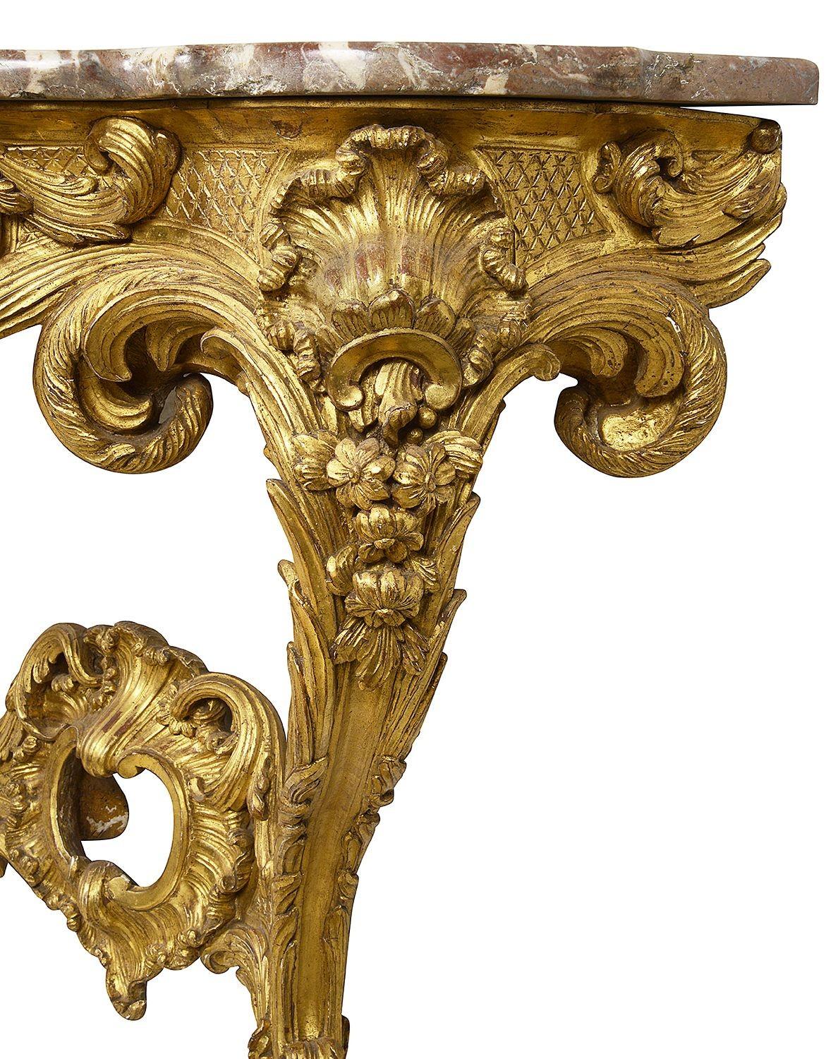 19th Century Pair French Carved Giltwood Console Tabels, circa 1840 For Sale