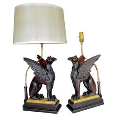 Pair Mythological Wood Carved Griffin Table Lamps