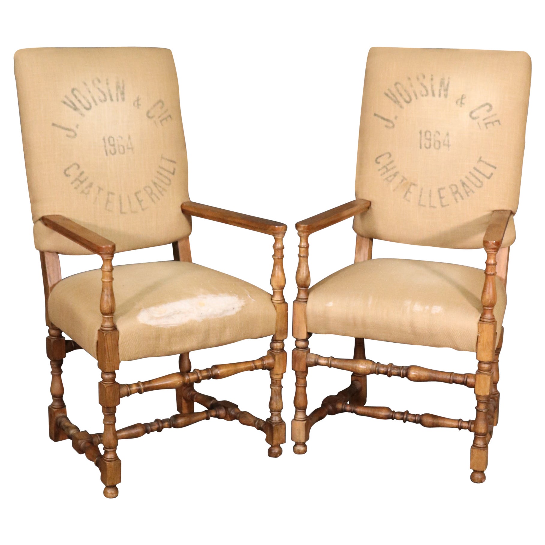 Pair French Carved Walnut Louis XIV Style Armchairs with French Upholstery
